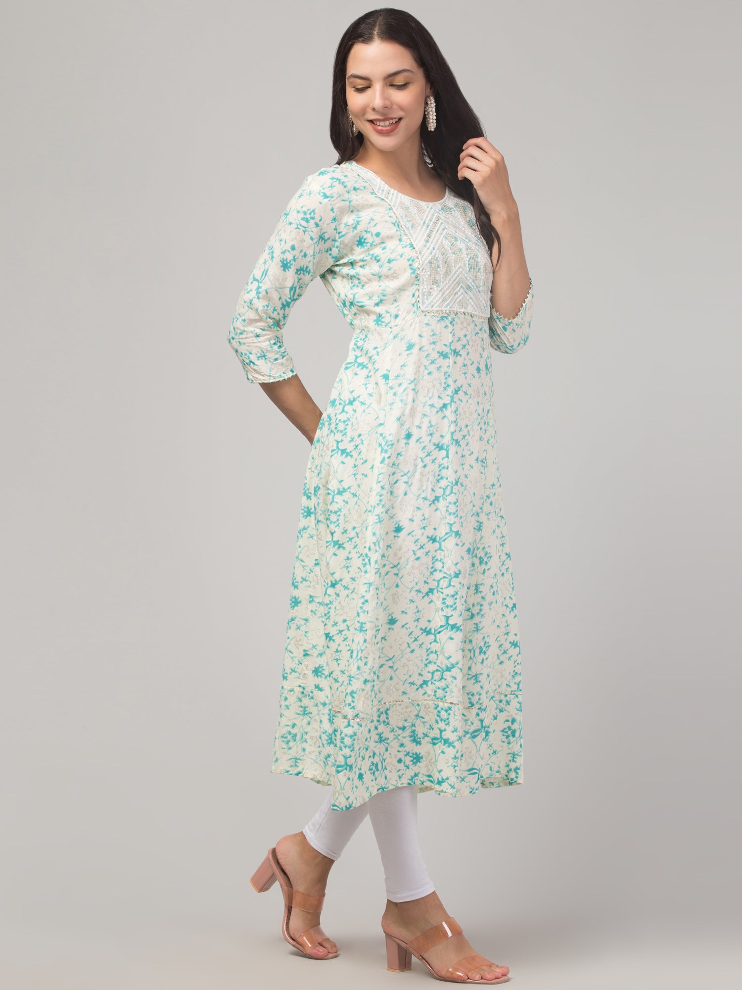 Malana Merino Girl / Women's Rayon Printed Cream Anarkali Kurta