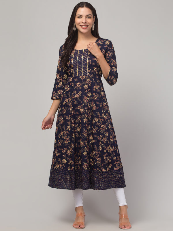 Malana Merino Girl / Women's Rayon Flower Print Black Anarkali Kurta