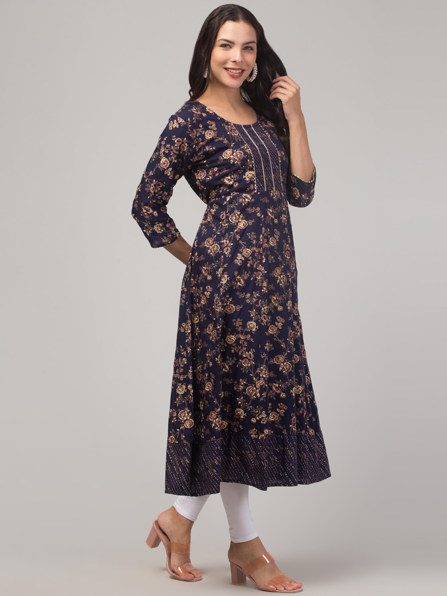 Malana Merino Girl / Women's Rayon Flower Print Black Anarkali Kurta