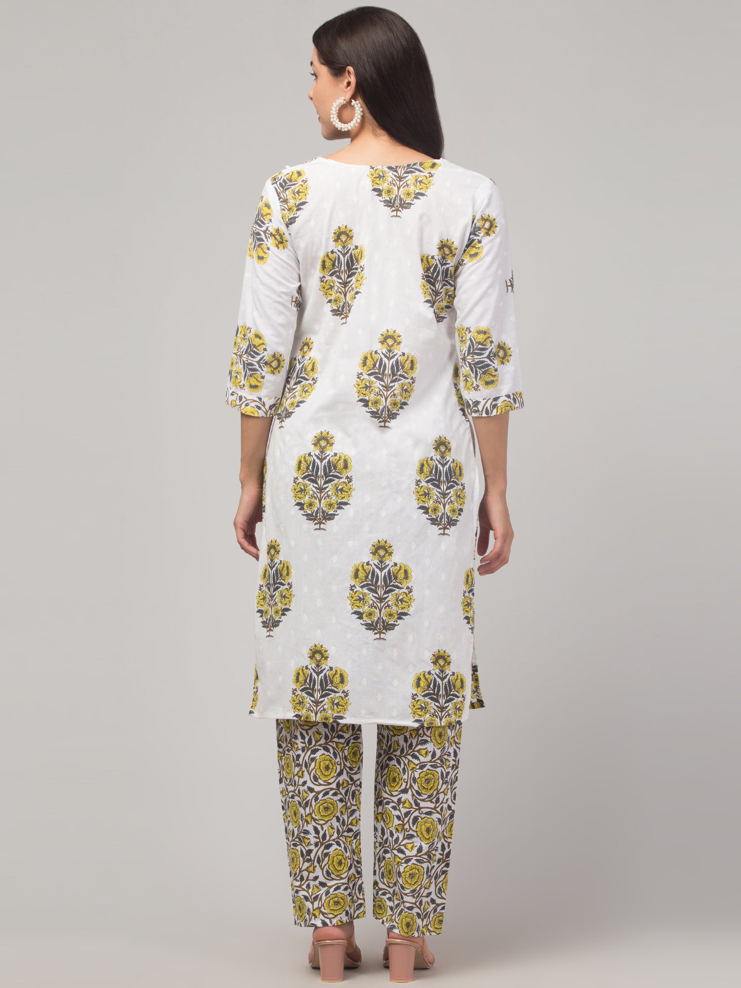 Malana Merino Girl / Women's Cotton  Floral Print White and Yellow  V - Neck 3 Pc  Kurta Set