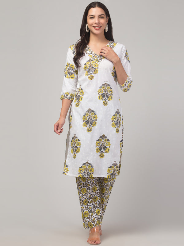 Malana Merino Girl / Women's Cotton  Floral Print White and Yellow  V - Neck 3 Pc  Kurta Set