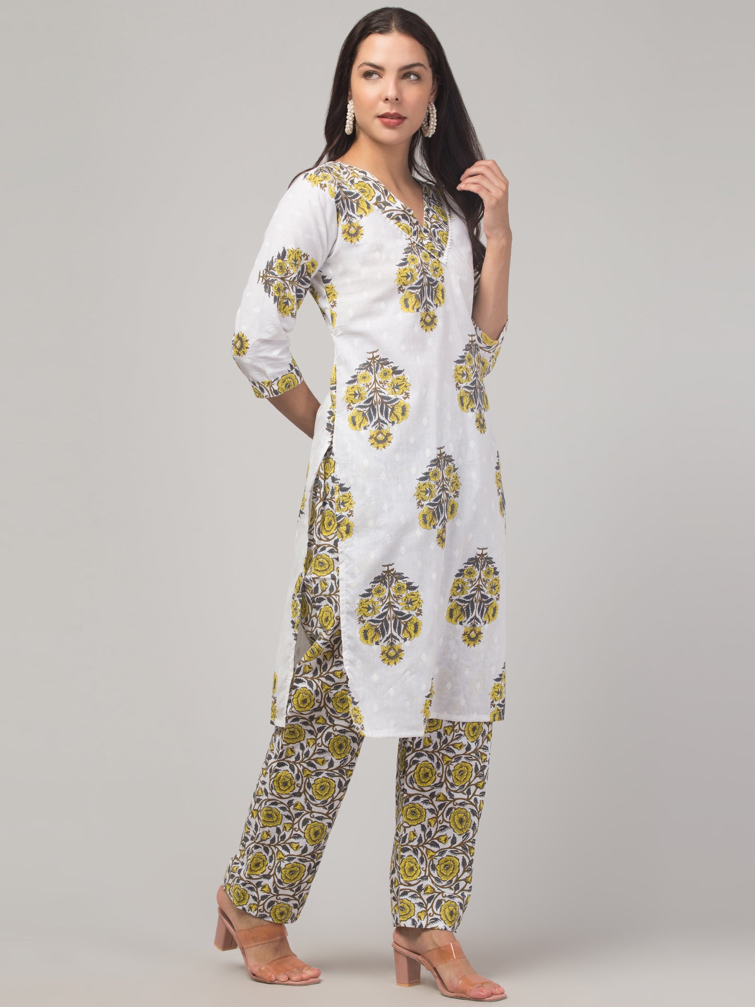 Malana Merino Girl / Women's Cotton  Floral Print White and Yellow  V - Neck 3 Pc  Kurta Set