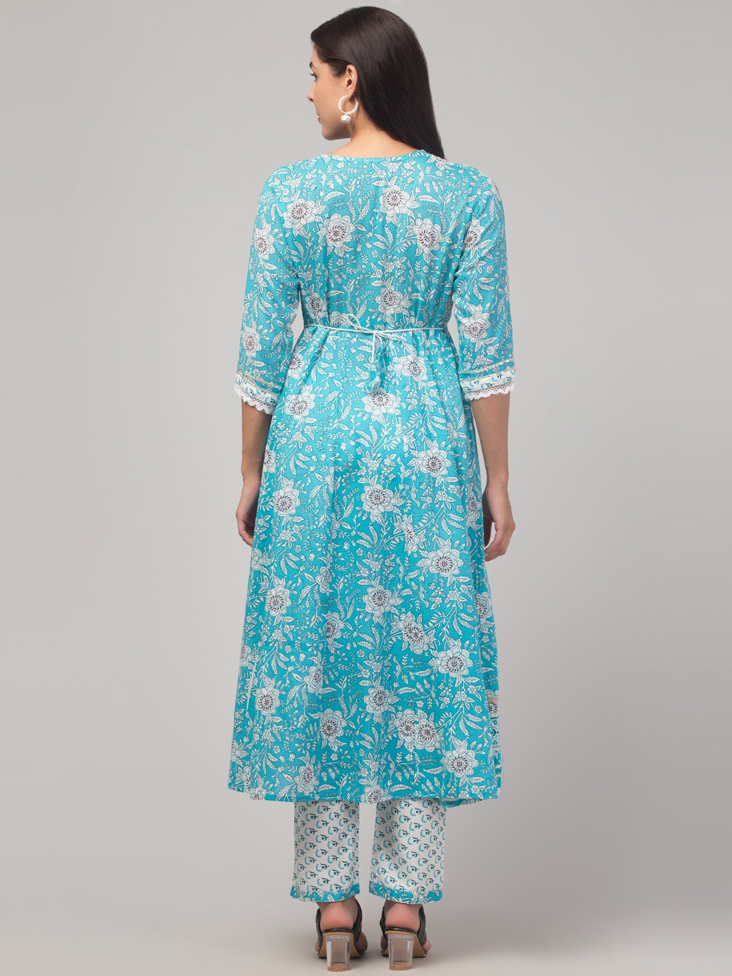 Malana Merino Girl / Women's Cotton  Floral Print Blue 3 Pc Round Neck Kurta Set