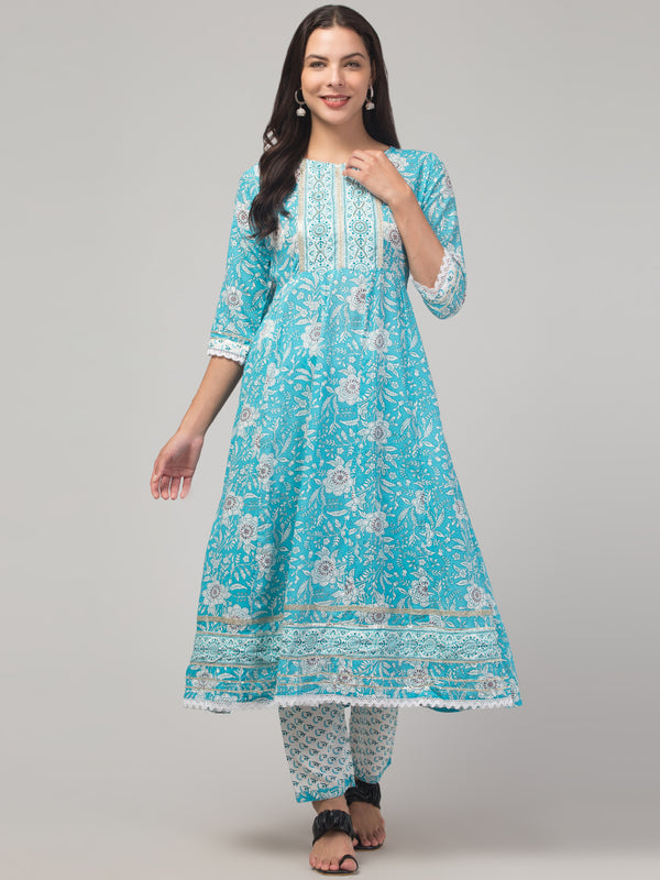 Malana Merino Girl / Women's Cotton  Floral Print Blue 3 Pc Round Neck Kurta Set