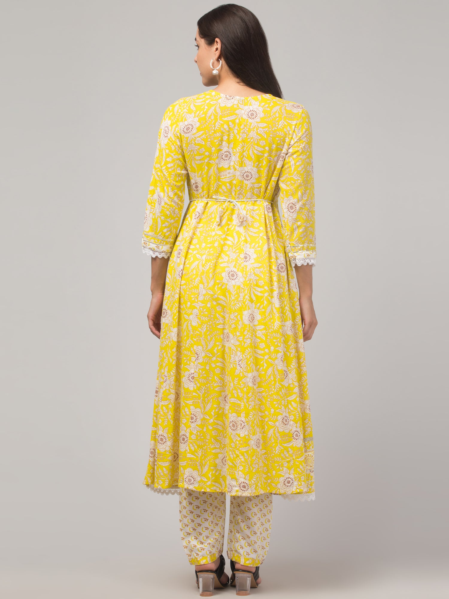 Malana Merino Girl / Women's Cotton  Floral Print Yellow 3 Pc Round Neck Kurta Set