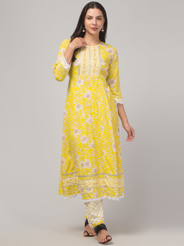 Malana Merino Girl / Women's Cotton  Floral Print Yellow 3 Pc Round Neck Kurta Set