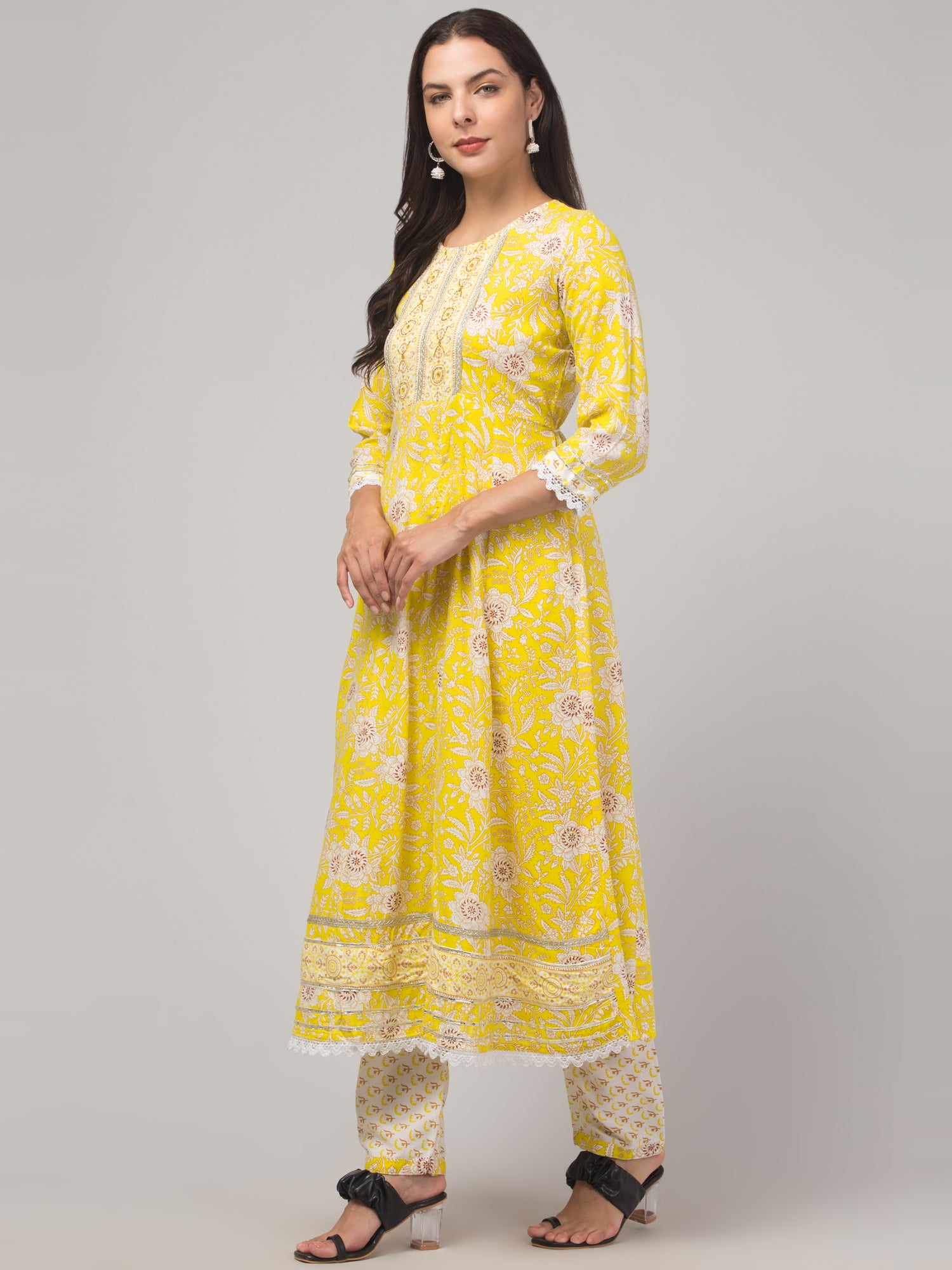 Malana Merino Girl / Women's Cotton  Floral Print Yellow 3 Pc Round Neck Kurta Set