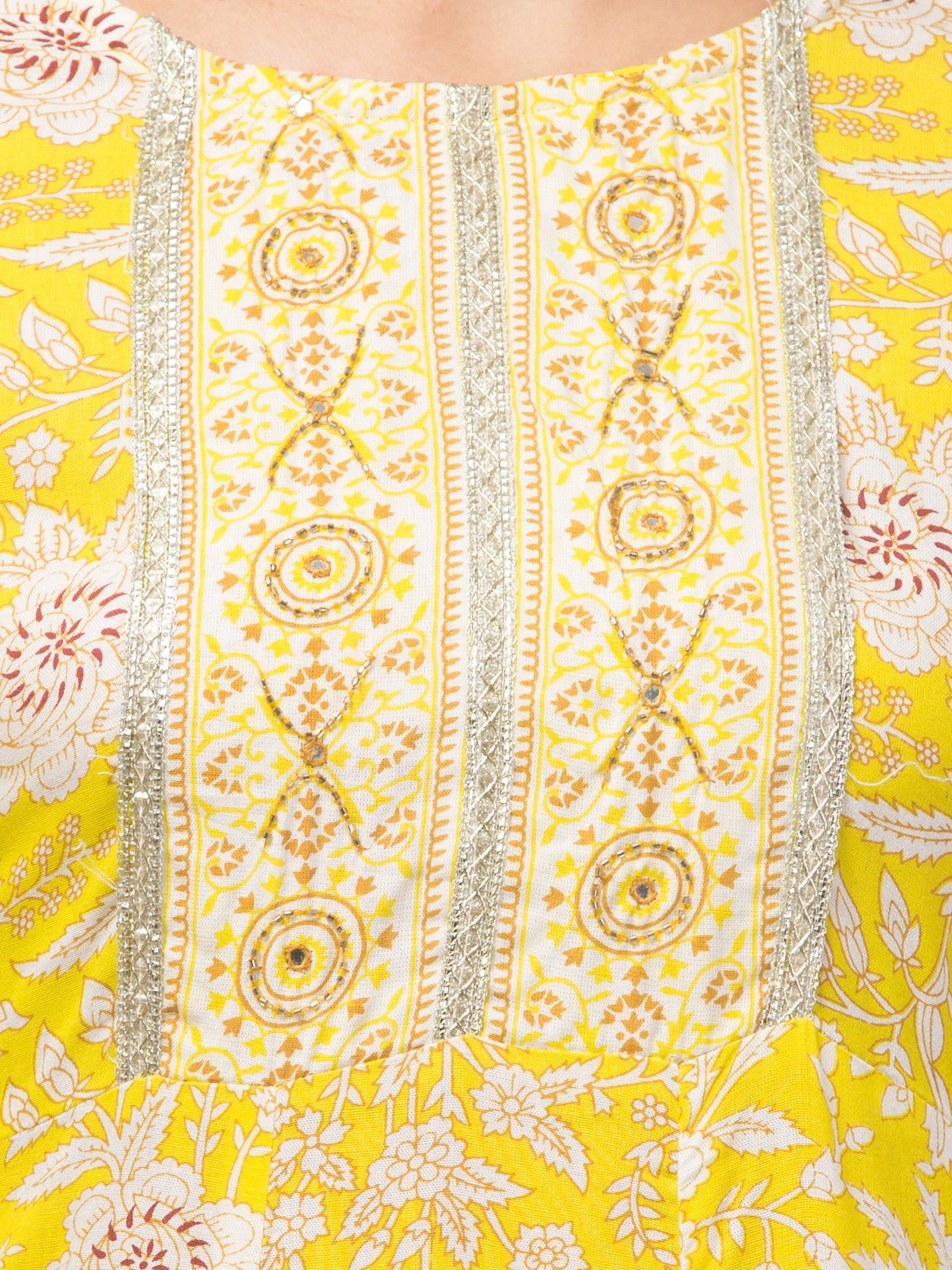 Malana Merino Girl / Women's Cotton  Floral Print Yellow 3 Pc Round Neck Kurta Set
