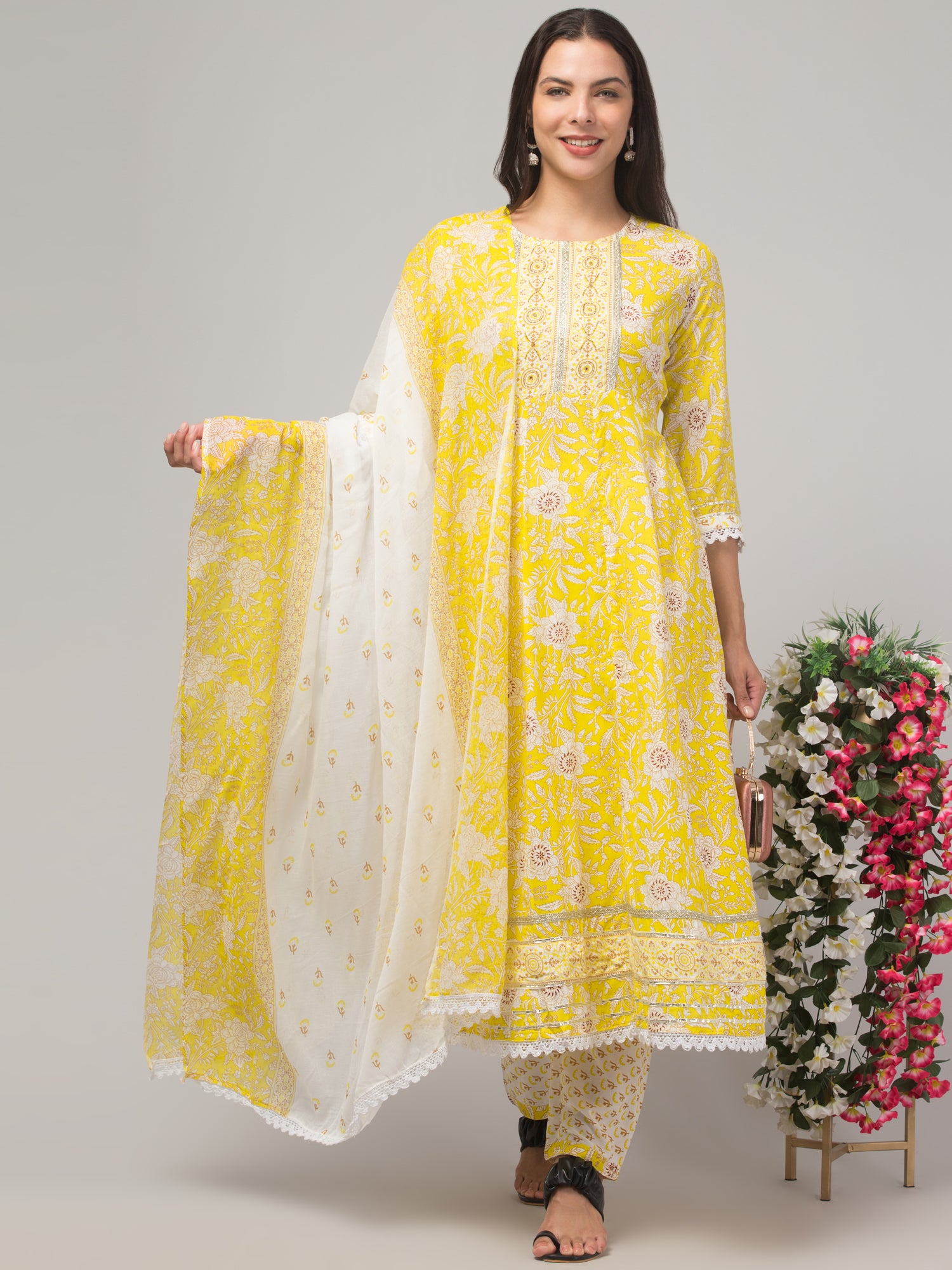Malana Merino Girl / Women's Cotton  Floral Print Yellow 3 Pc Round Neck Kurta Set