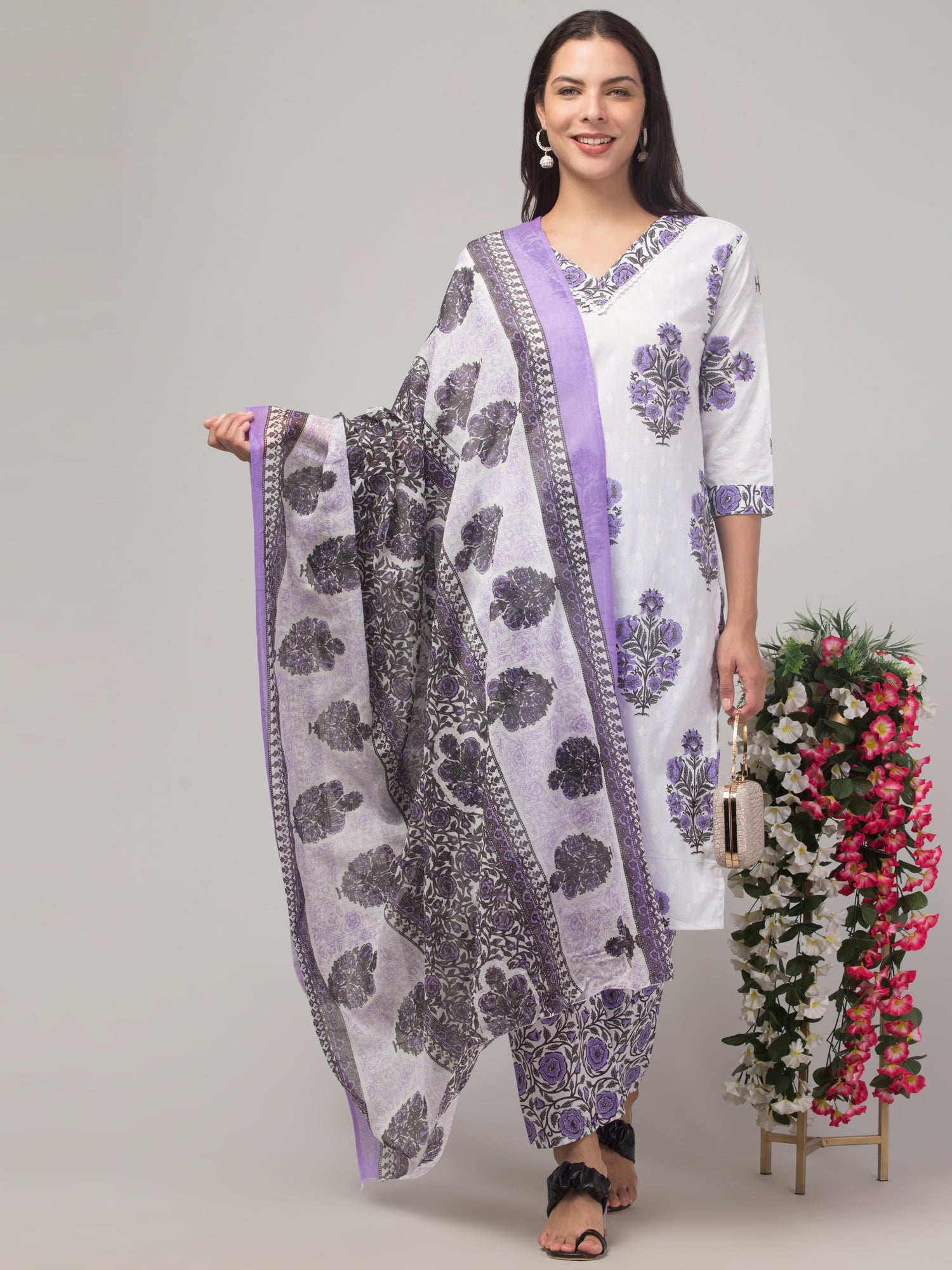 Malana Merino Girl / Women's Cotton  Floral Print White and Purple V - Neck 3 Pc Kurta Set.