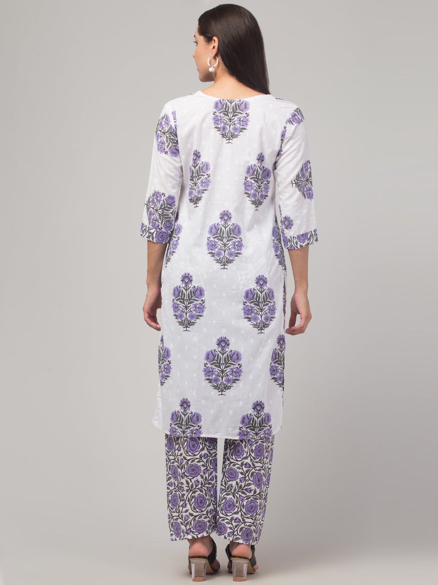 Malana Merino Girl / Women's Cotton  Floral Print White and Purple V - Neck 3 Pc Kurta Set