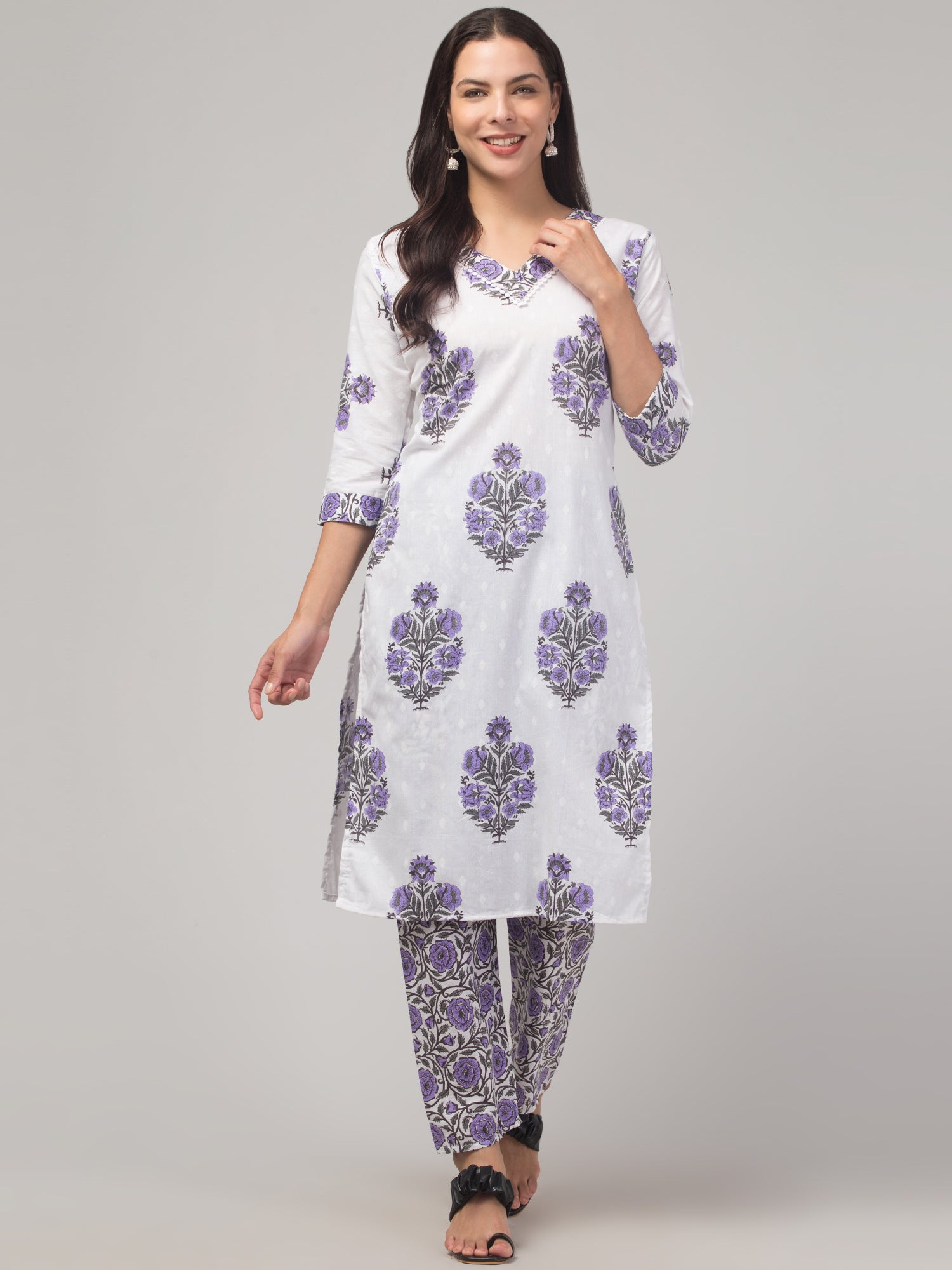 Malana Merino Girl / Women's Cotton  Floral Print White and Purple V - Neck 3 Pc Kurta Set