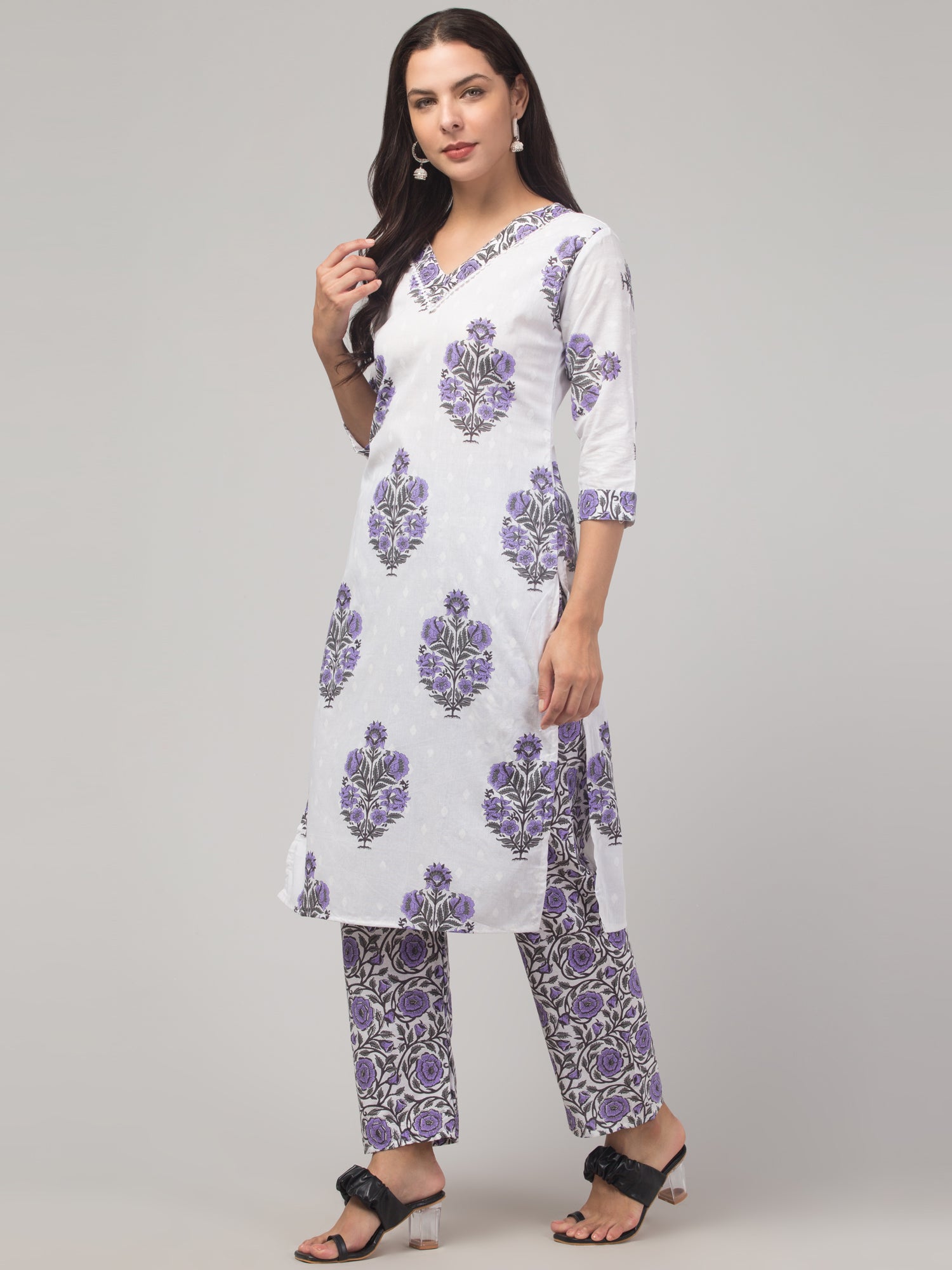 Malana Merino Girl / Women's Cotton  Floral Print White and Purple V - Neck 3 Pc Kurta Set