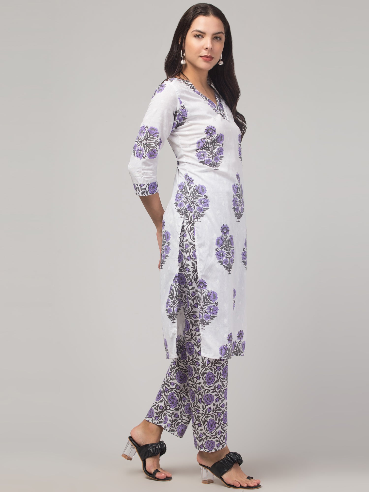 Malana Merino Girl / Women's Cotton  Floral Print White and Purple V - Neck 3 Pc Kurta Set