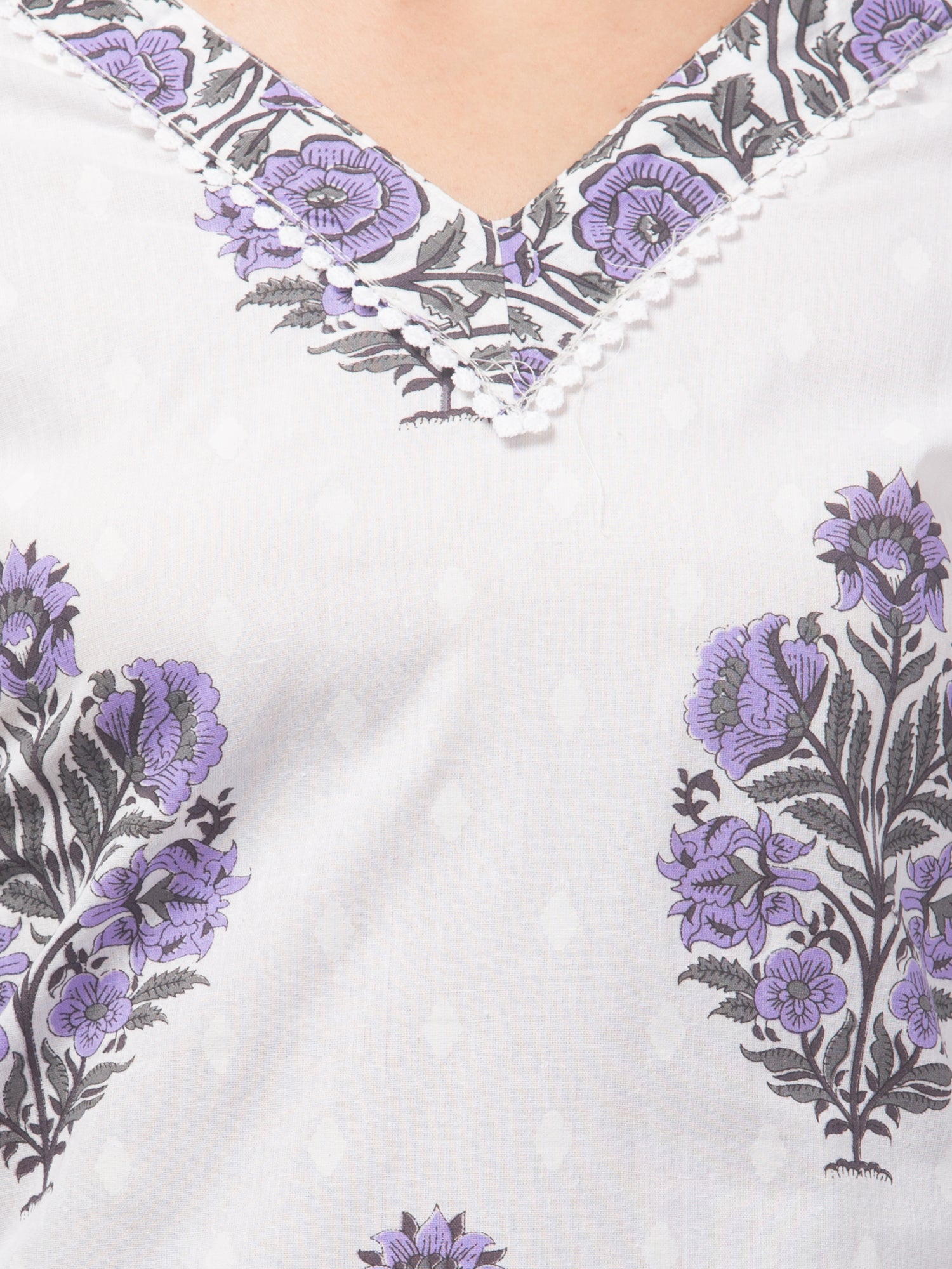 Malana Merino Girl / Women's Cotton  Floral Print White and Purple V - Neck 3 Pc Kurta Set.