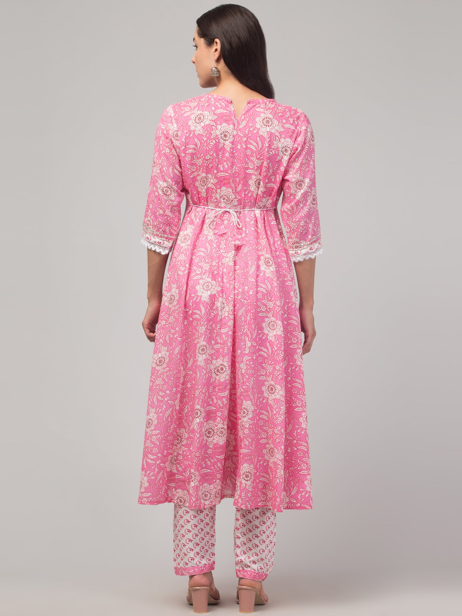 Malana Merino Girl / Women's Cotton  Floral Print Pink 3 Pc Round Neck Kurta Set