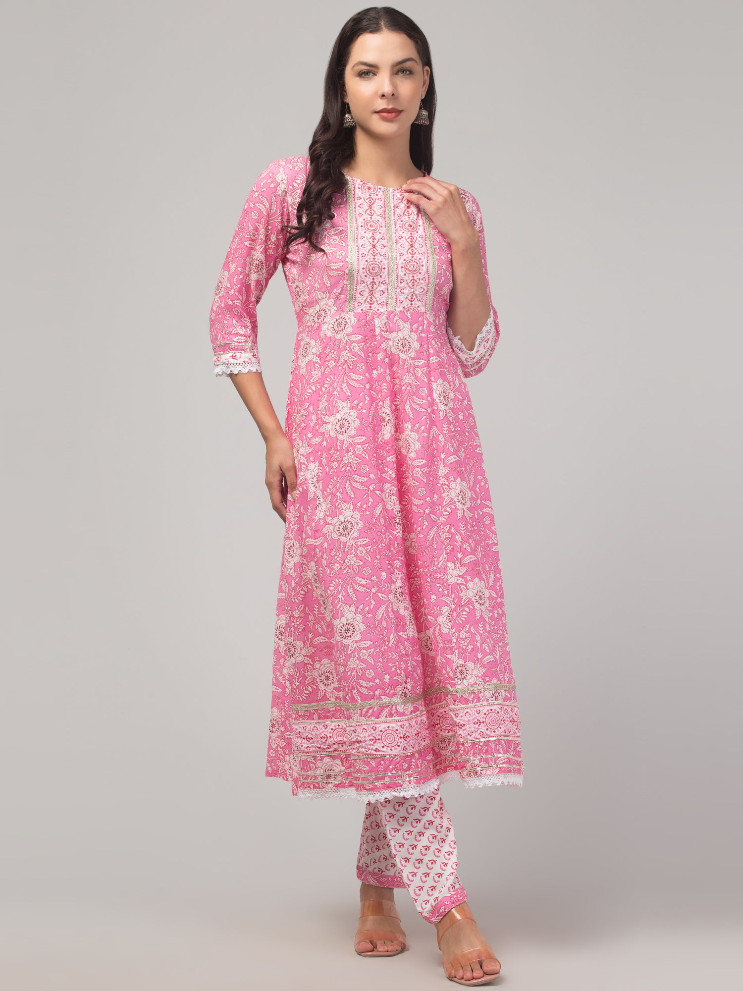 Malana Merino Girl / Women's Cotton  Floral Print Pink 3 Pc Round Neck Kurta Set