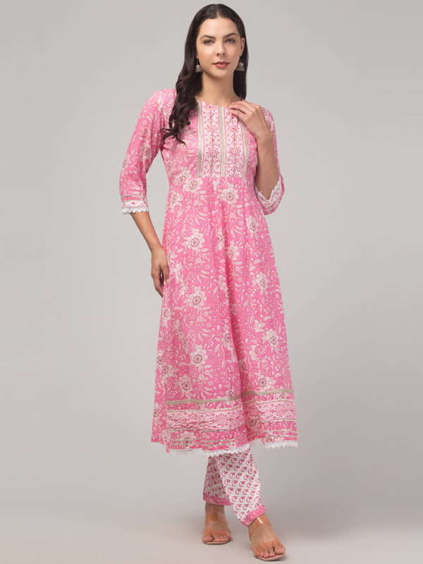 Malana Merino Girl / Women's Cotton  Floral Print Pink 3 Pc Round Neck Kurta Set