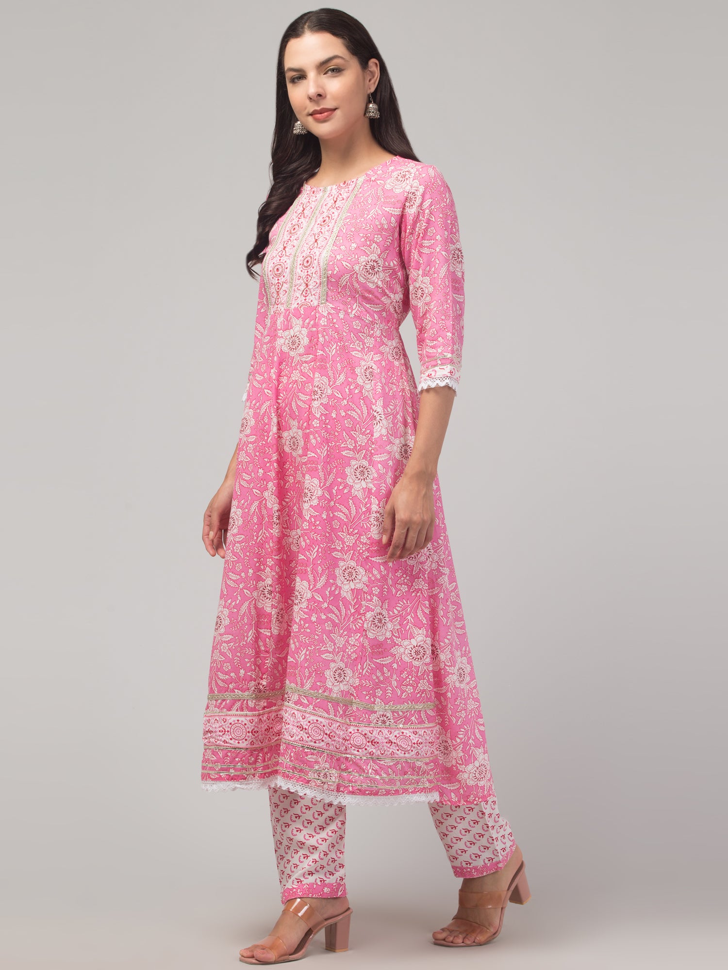 Malana Merino Girl / Women's Cotton  Floral Print Pink 3 Pc Round Neck Kurta Set