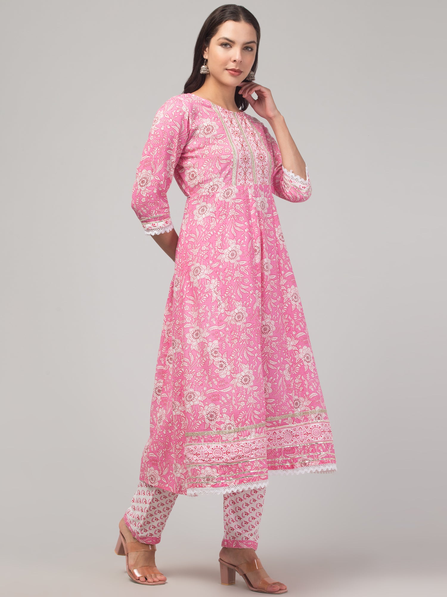 Malana Merino Girl / Women's Cotton  Floral Print Pink 3 Pc Round Neck Kurta Set