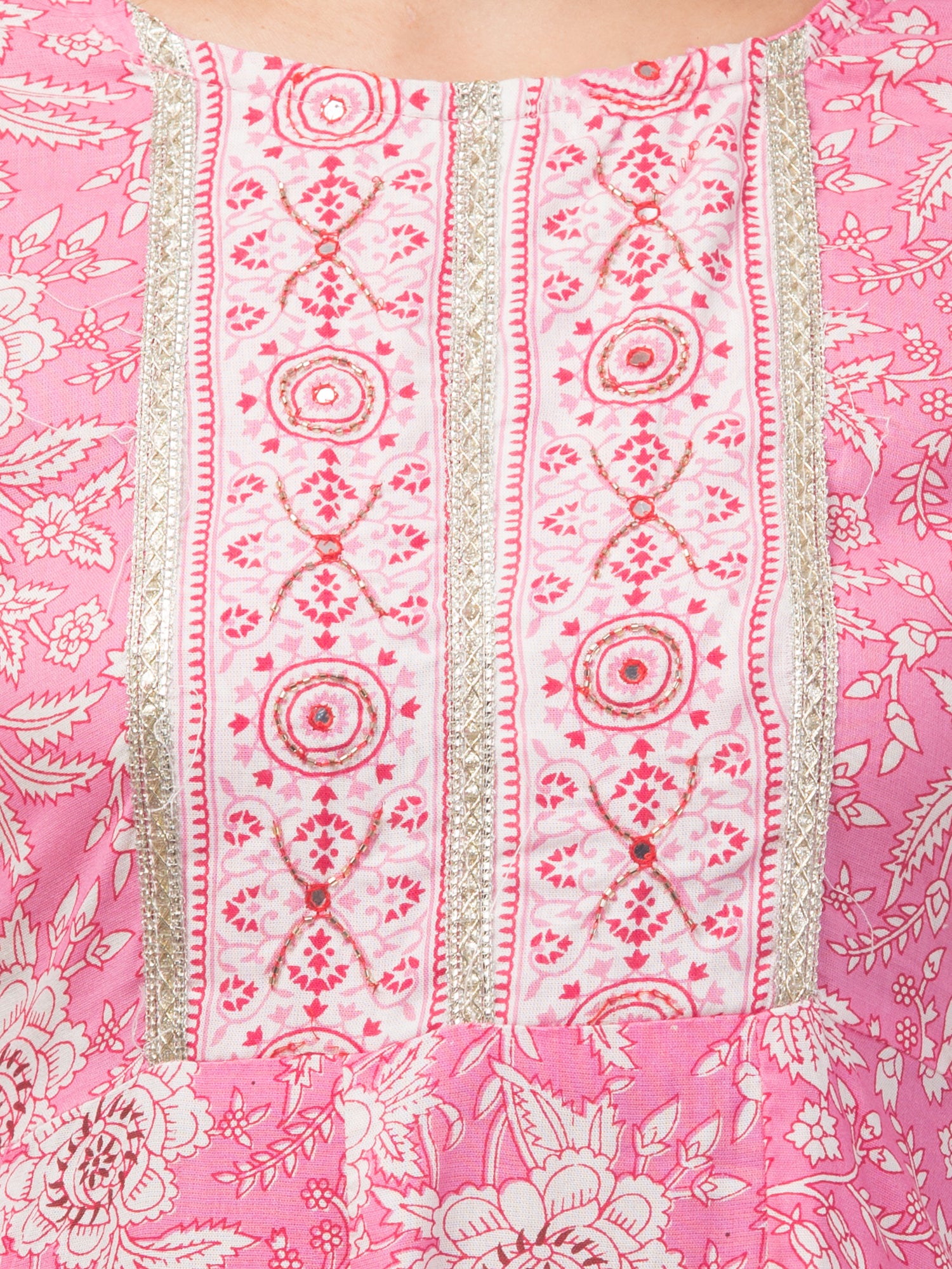 Malana Merino Girl / Women's Cotton  Floral Print Pink 3 Pc Round Neck Kurta Set