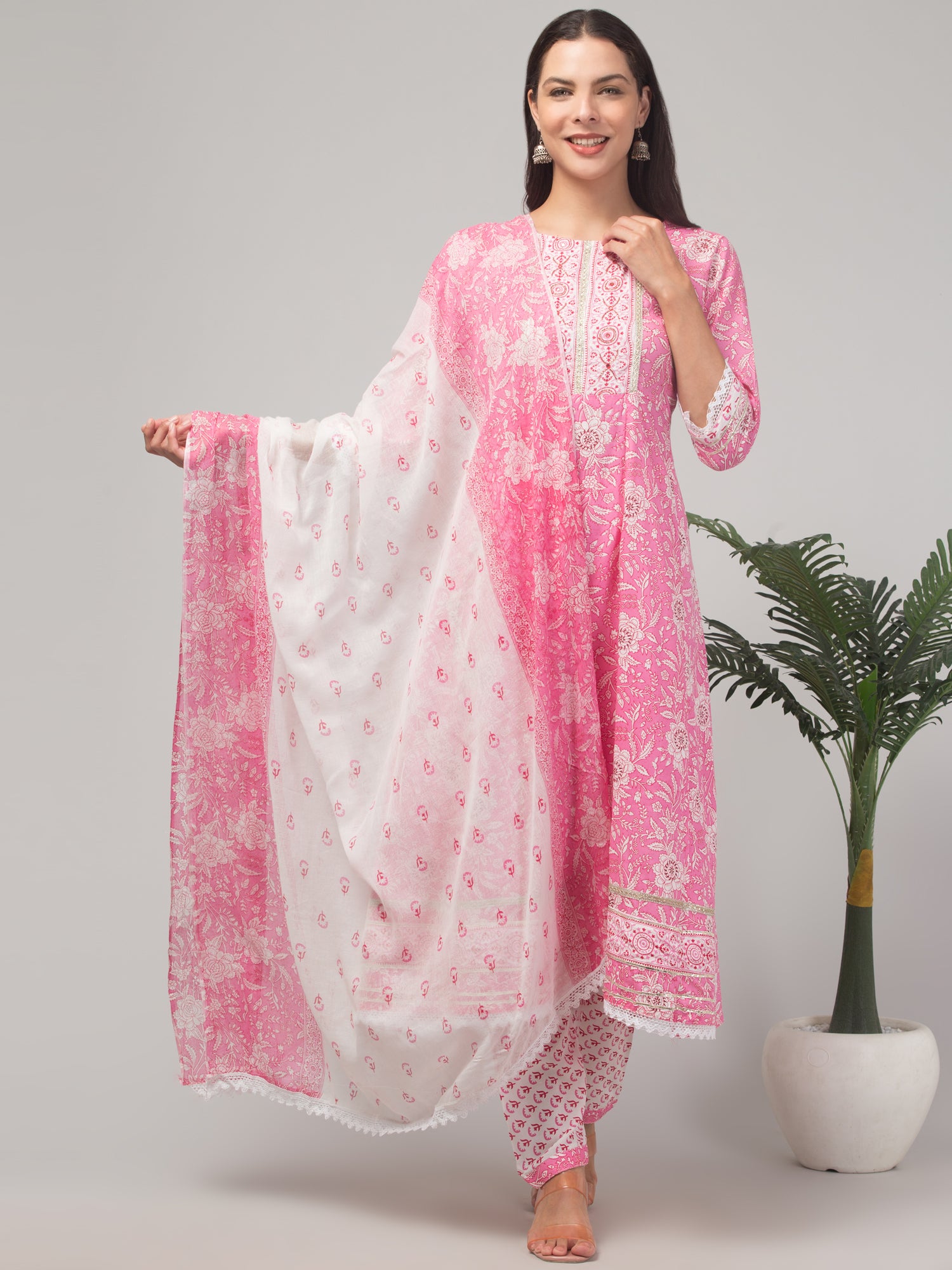 Malana Merino Girl / Women's Cotton  Floral Print Pink 3 Pc Round Neck Kurta Set