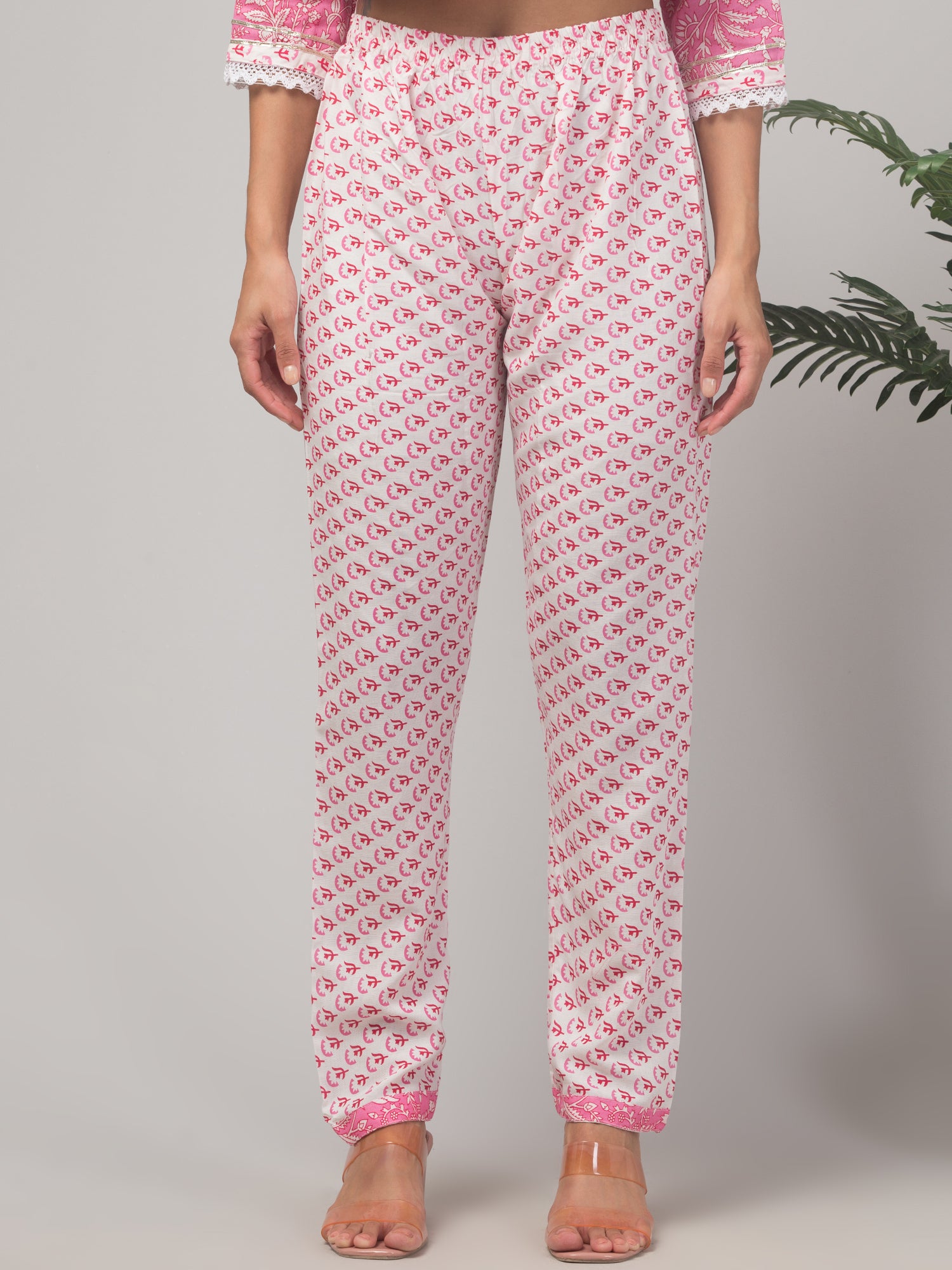 Malana Merino Girl / Women's Cotton  Floral Print Pink 3 Pc Round Neck Kurta Set