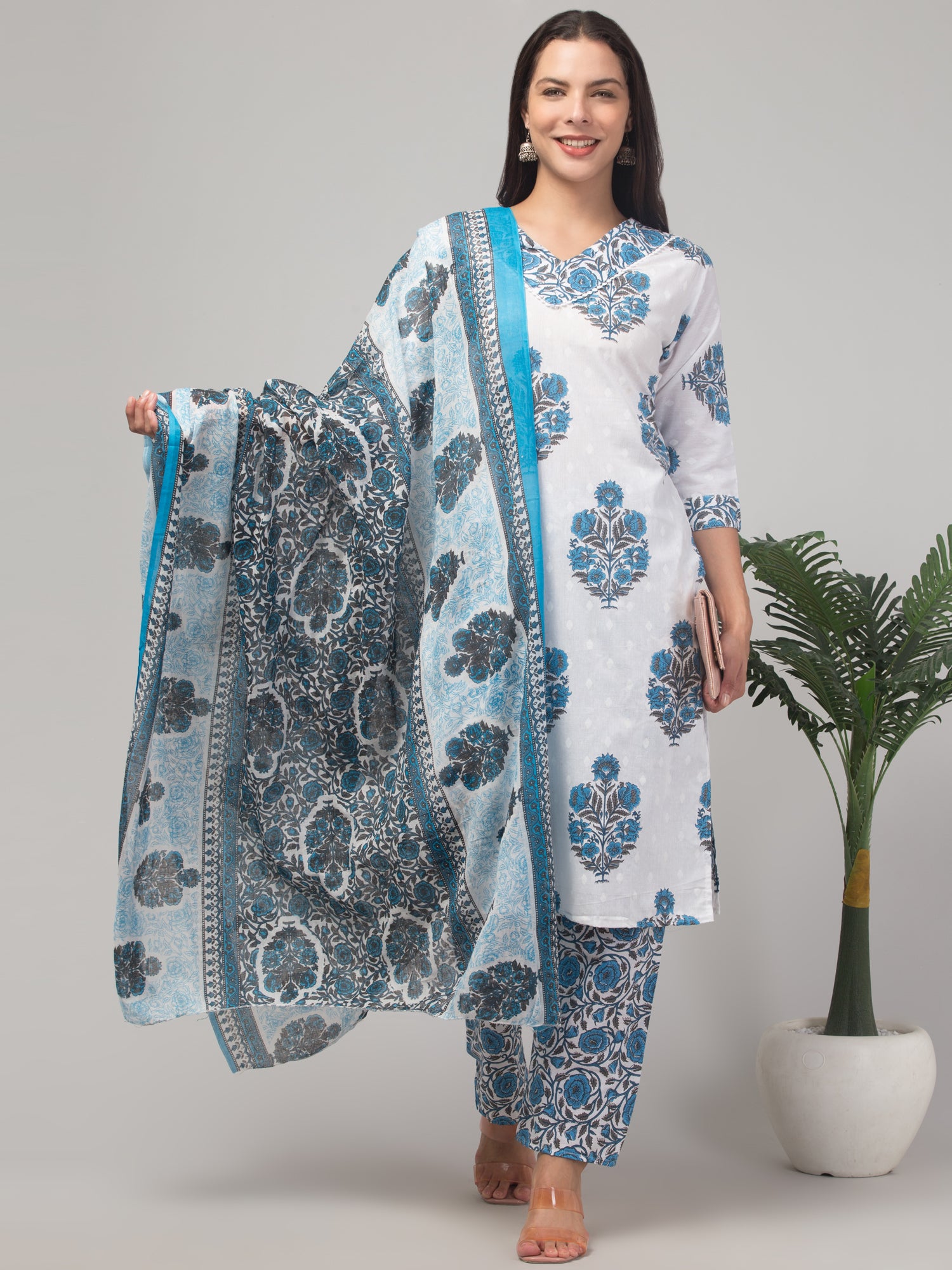 Malana Merino Girl / Women's Cotton  Floral Print White and Blue  V - Neck 3 Pc Kurta Set.