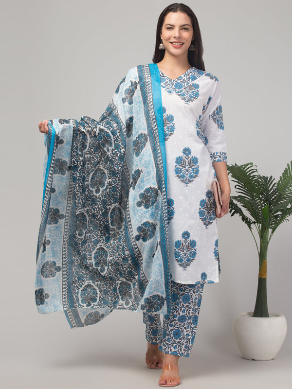Malana Merino Girl / Women's Cotton  Floral Print White and Blue  V - Neck 3 Pc Kurta Set.
