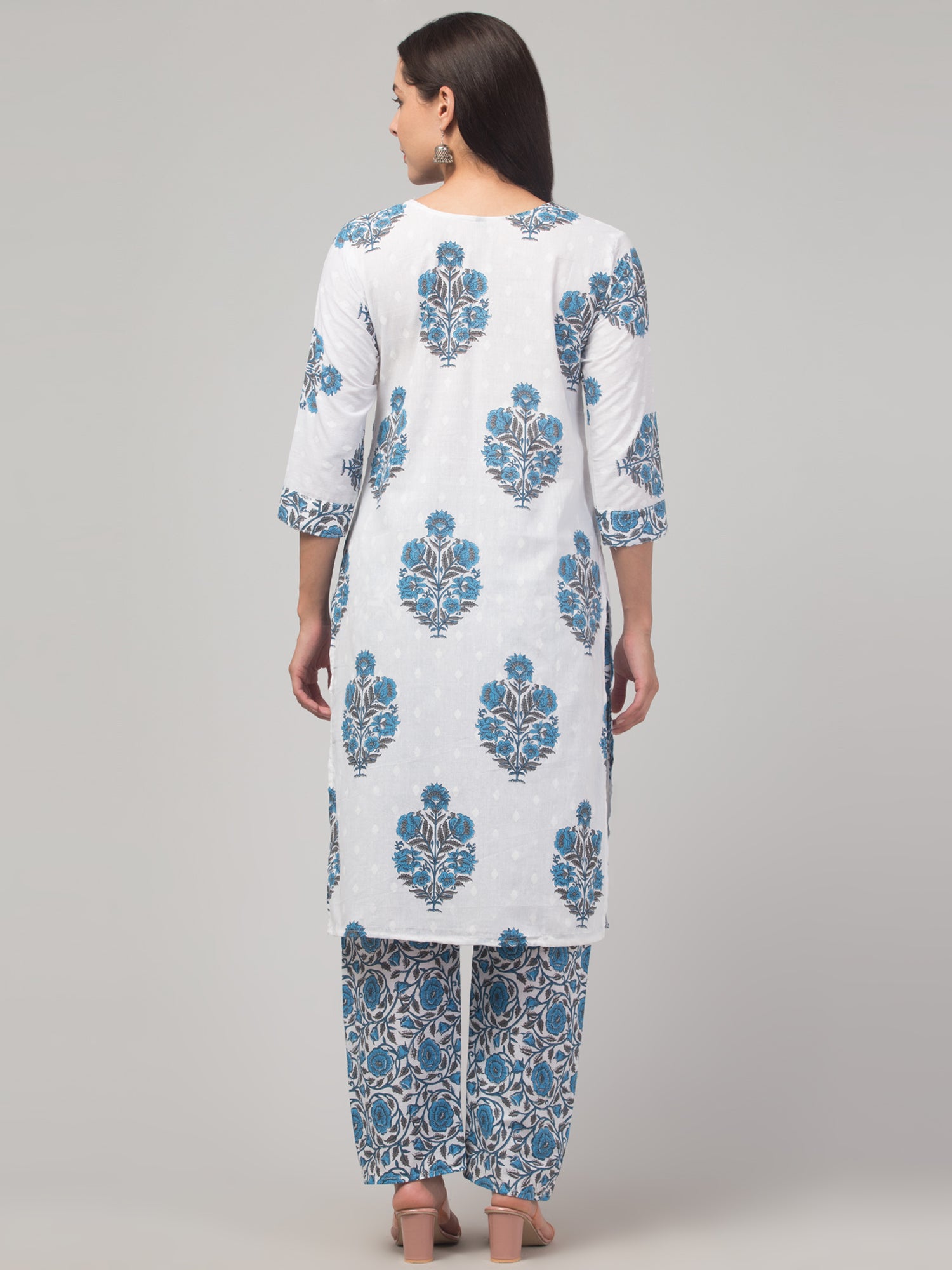 Malana Merino Girl / Women's Cotton  Floral Print White and Blue  V - Neck 3 Pc Kurta Set.