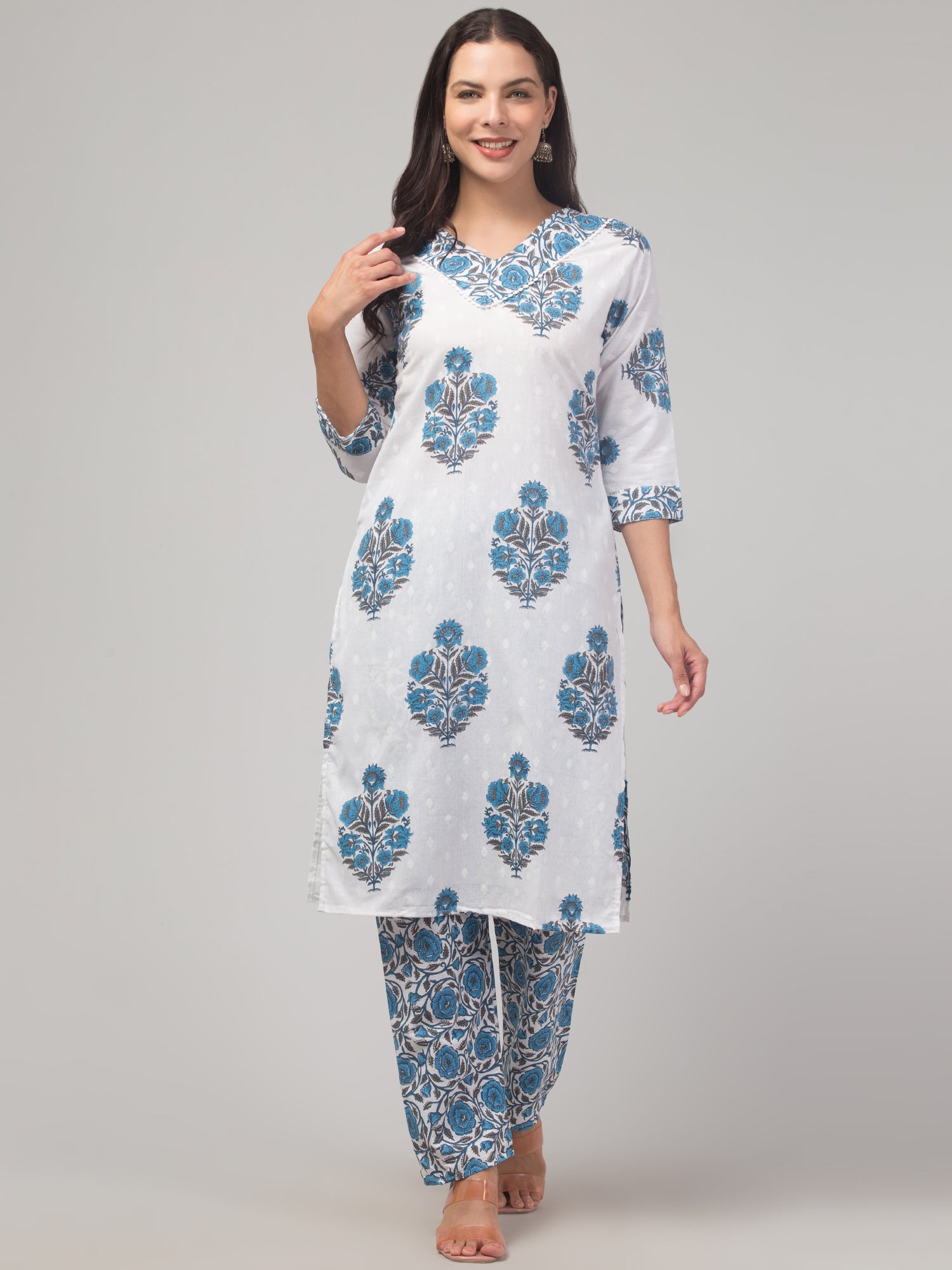 Malana Merino Girl / Women's Cotton  Floral Print White and Blue  V - Neck 3 Pc Kurta Set