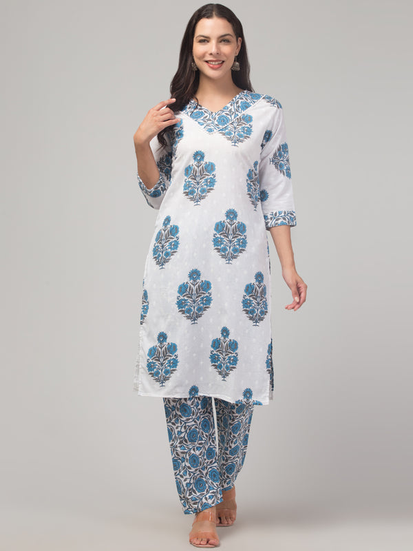 Malana Merino Girl / Women's Cotton  Floral Print White and Blue  V - Neck 3 Pc Kurta Set