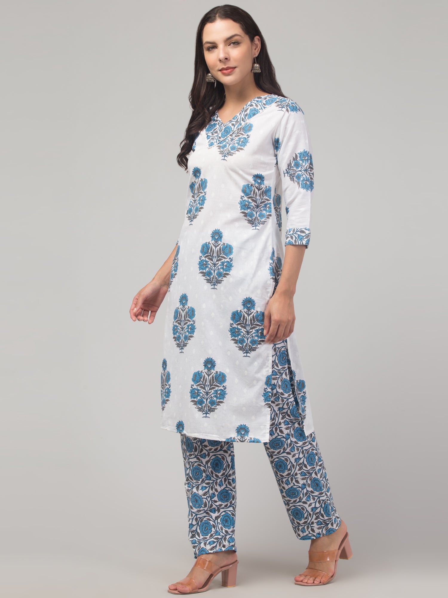 Malana Merino Girl / Women's Cotton  Floral Print White and Blue  V - Neck 3 Pc Kurta Set