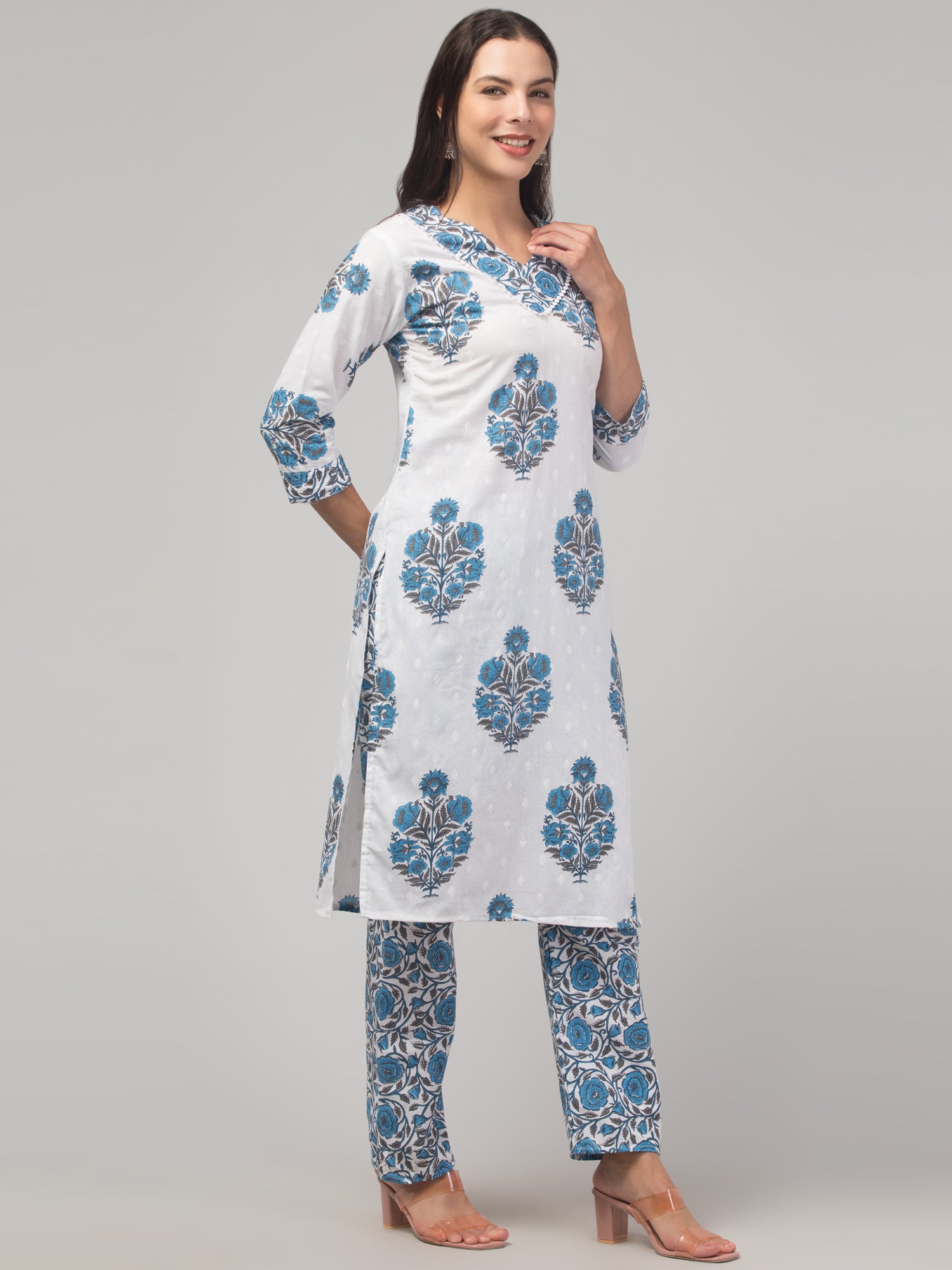 Malana Merino Girl / Women's Cotton  Floral Print White and Blue  V - Neck 3 Pc Kurta Set.