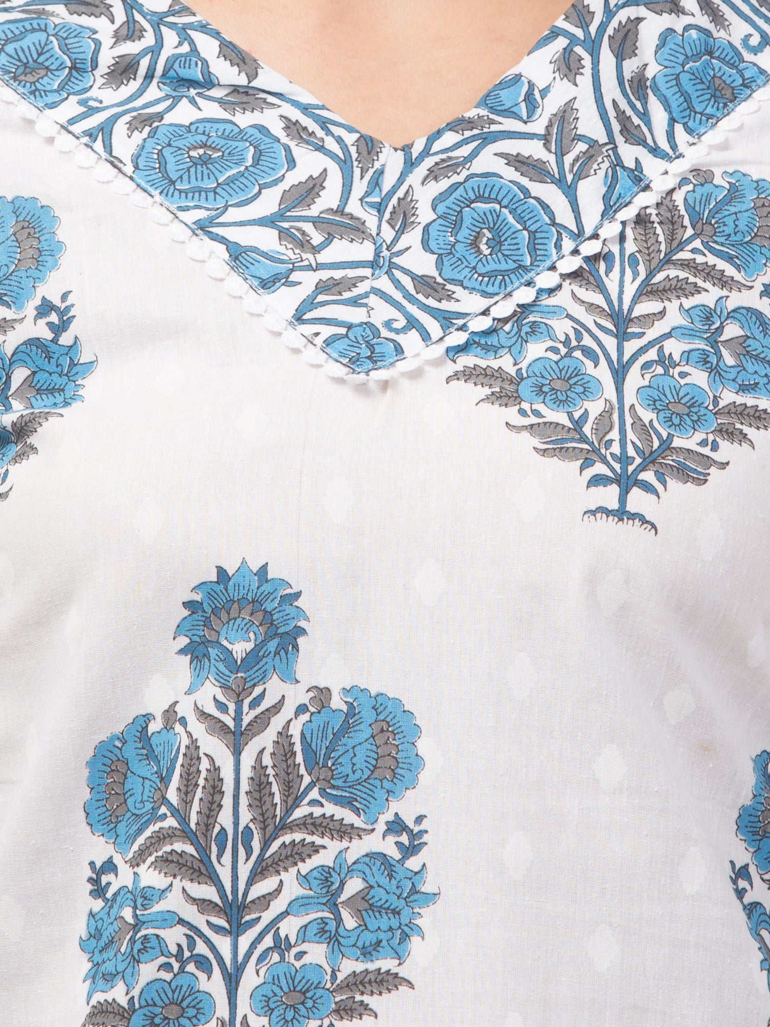 Malana Merino Girl / Women's Cotton  Floral Print White and Blue  V - Neck 3 Pc Kurta Set.
