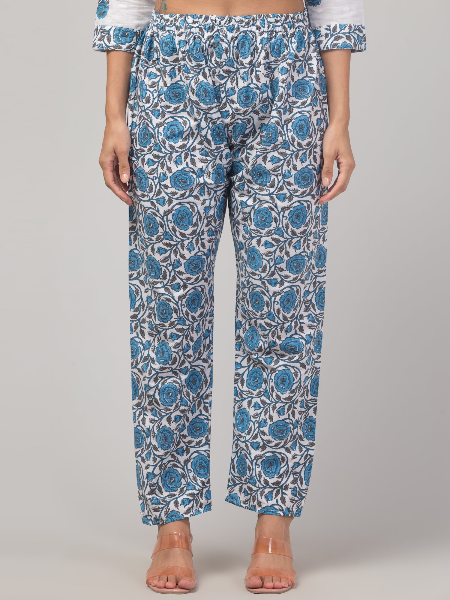 Malana Merino Girl / Women's Cotton  Floral Print White and Blue  V - Neck 3 Pc Kurta Set.