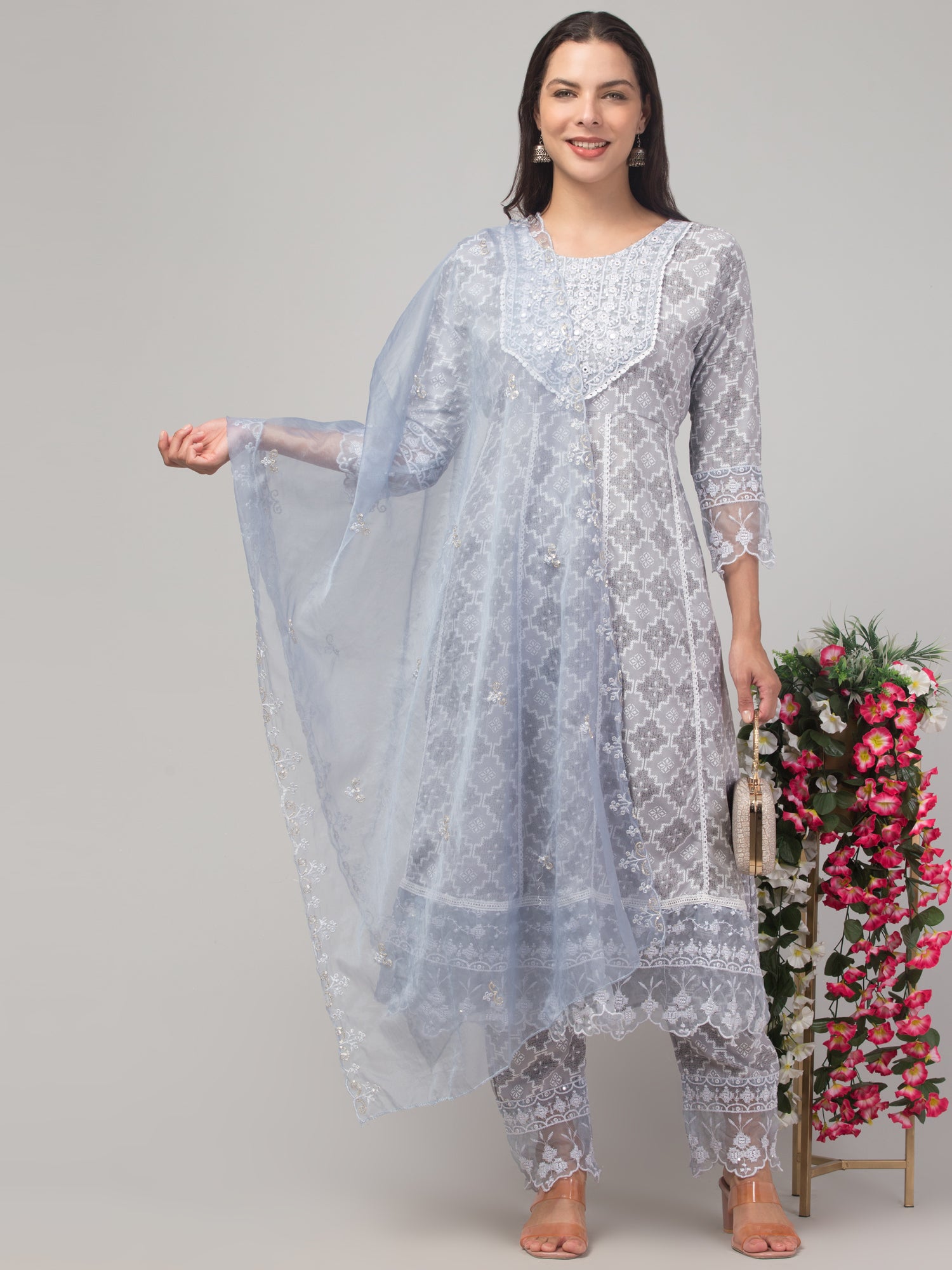 Malana Merino Girl / Women's Dark Grey Printed 3 Pc Round Neck Kurta Set