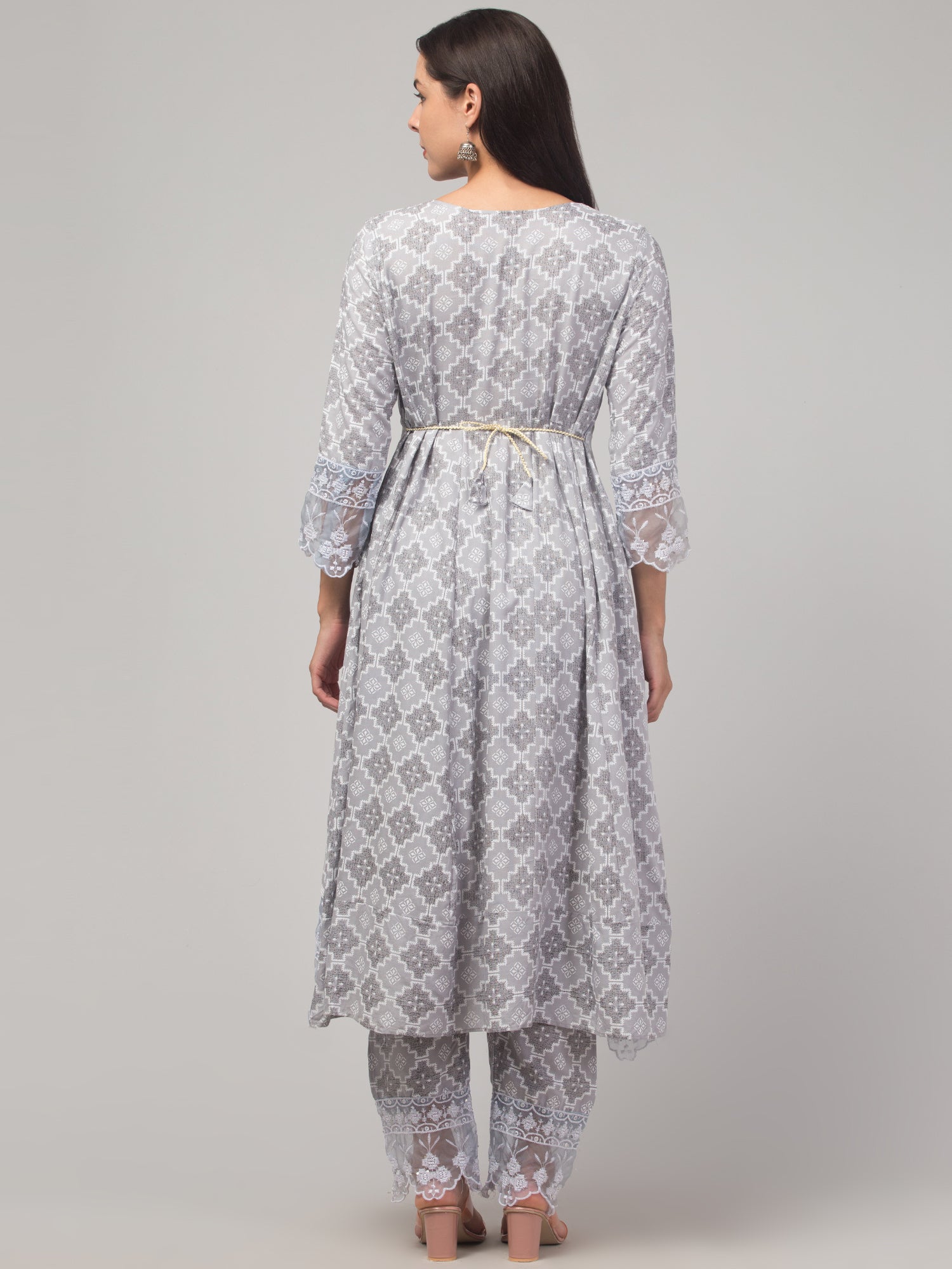 Malana Merino Girl / Women's Dark Grey Printed 3 Pc Round Neck Kurta Set