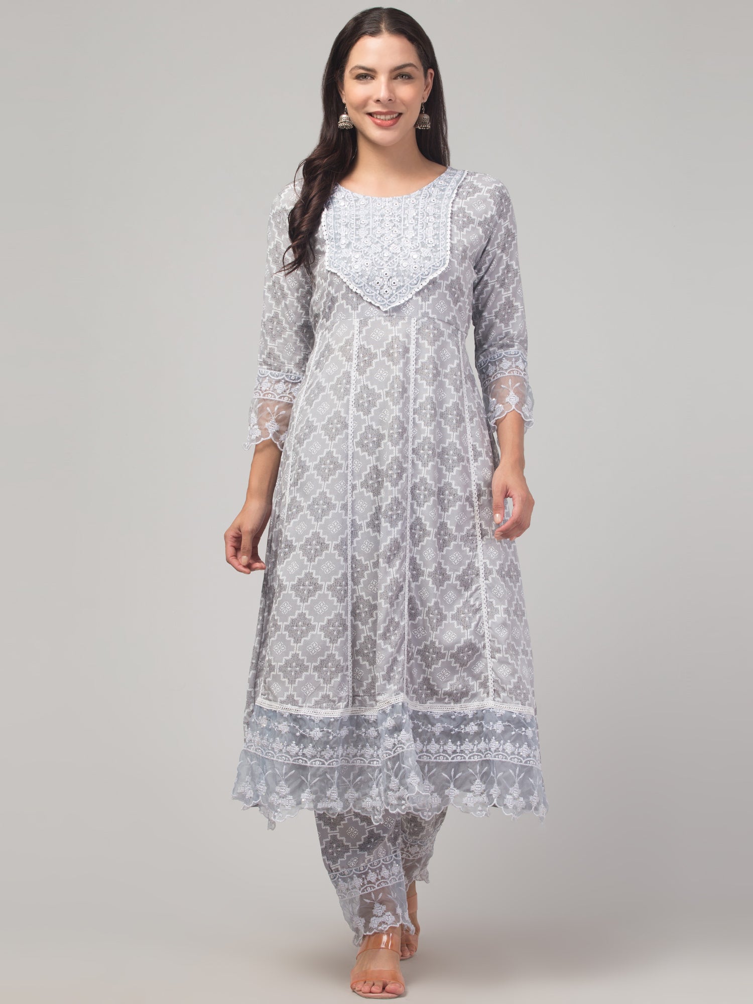 Malana Merino Girl / Women's Dark Grey Printed 3 Pc Round Neck Kurta Set