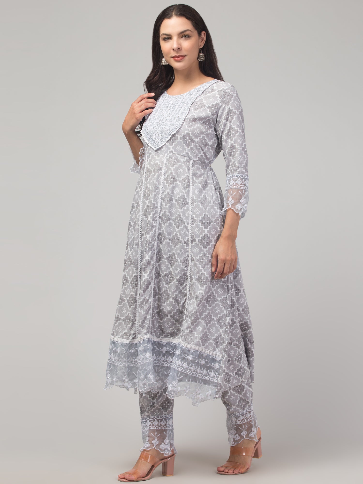 Malana Merino Girl / Women's Dark Grey Printed 3 Pc Round Neck Kurta Set