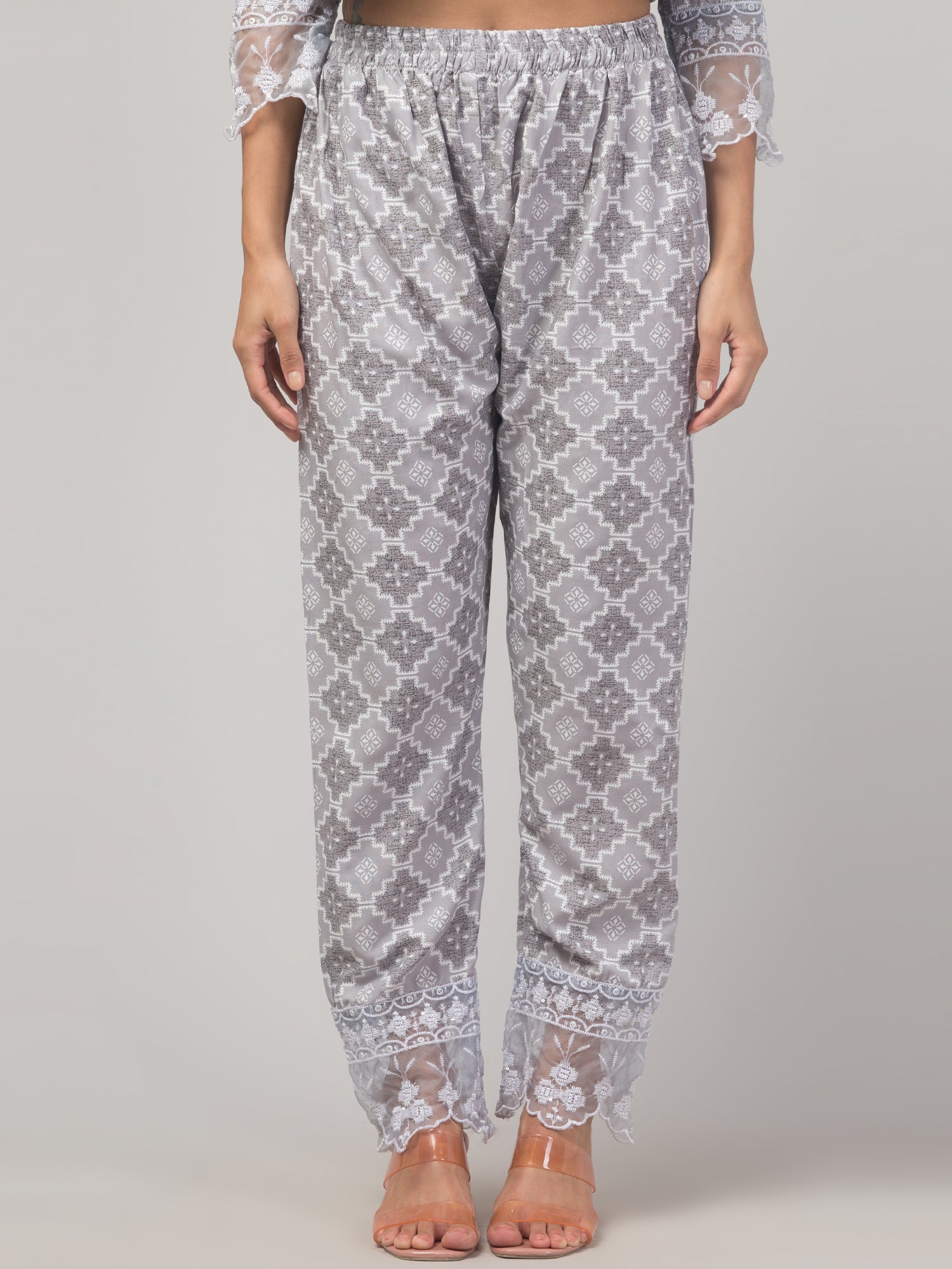 Malana Merino Girl / Women's Dark Grey Printed 3 Pc Round Neck Kurta Set