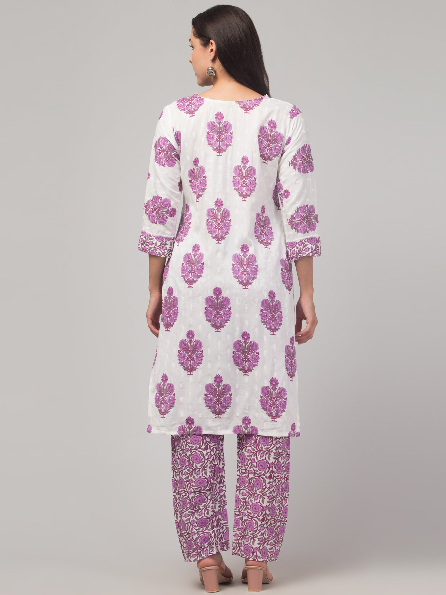Malana Merino Girl / Women's Cotton  Floral Print White and Violet V - Neck 3 Pc  Kurta Set