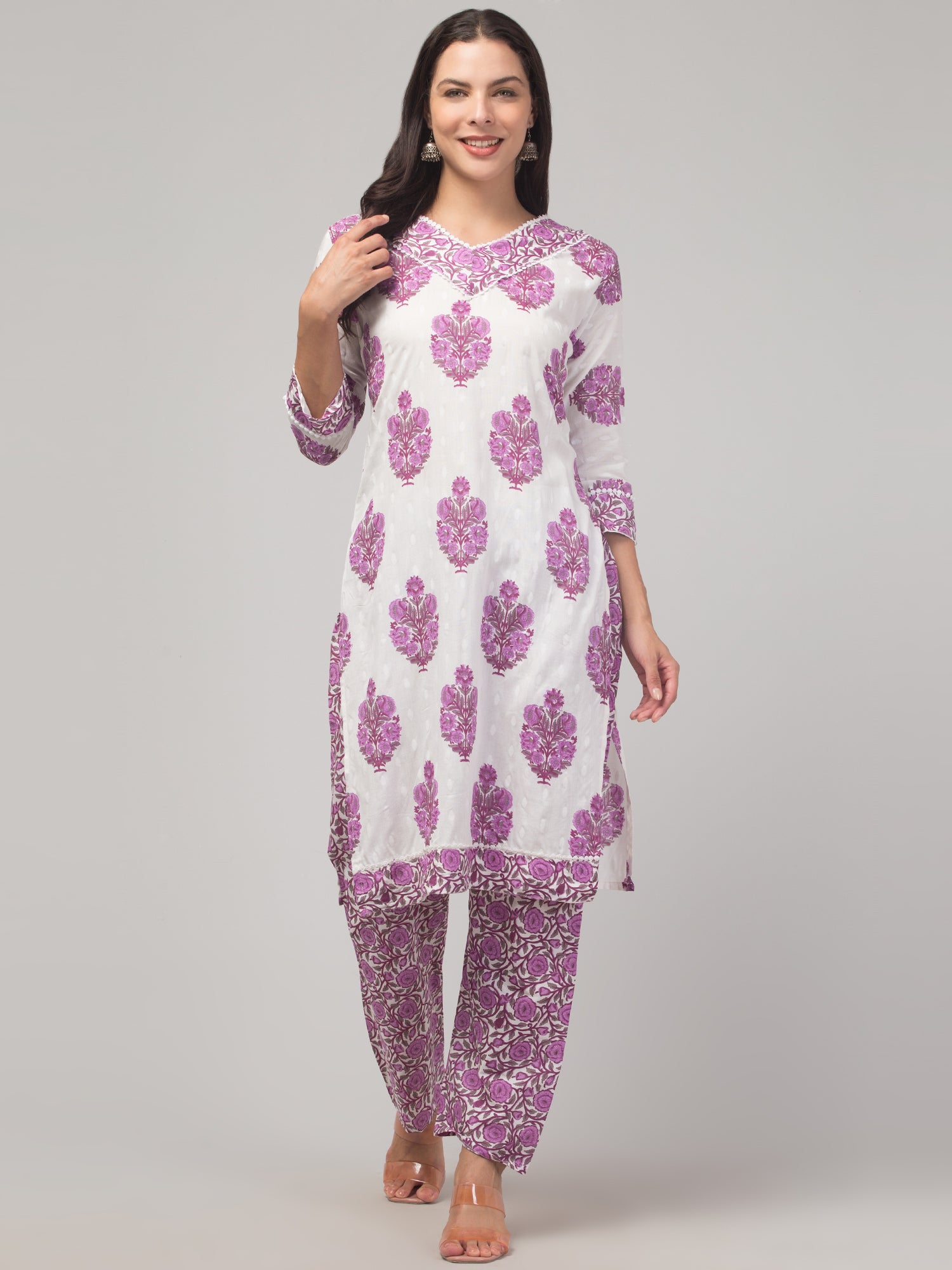 Malana Merino Girl / Women's Cotton  Floral Print White and Violet V - Neck 3 Pc  Kurta Set
