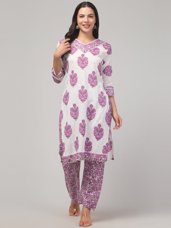 Malana Merino Girl / Women's Cotton  Floral Print White and Violet V - Neck 3 Pc  Kurta Set