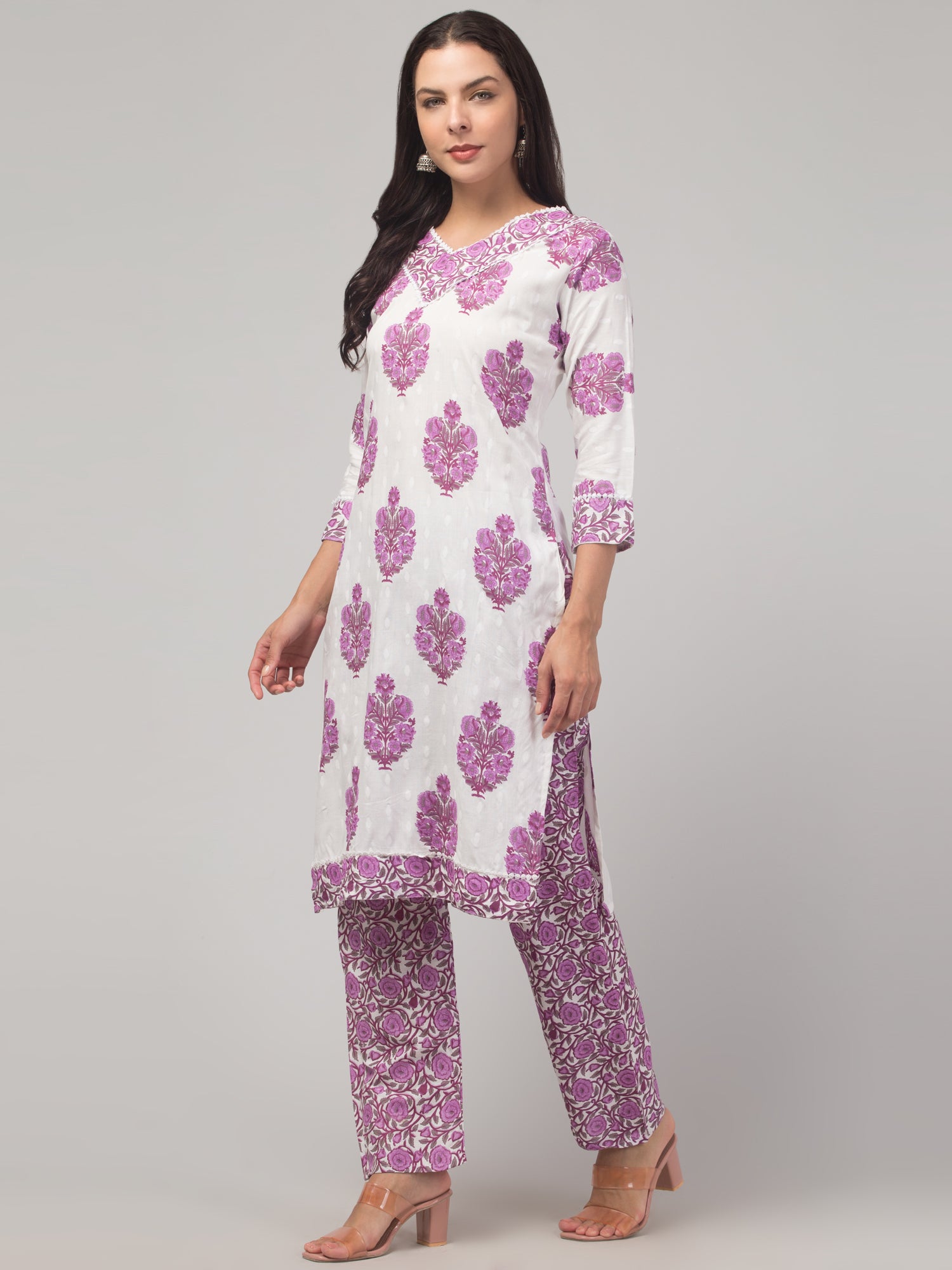 Malana Merino Girl / Women's Cotton  Floral Print White and Violet V - Neck 3 Pc  Kurta Set