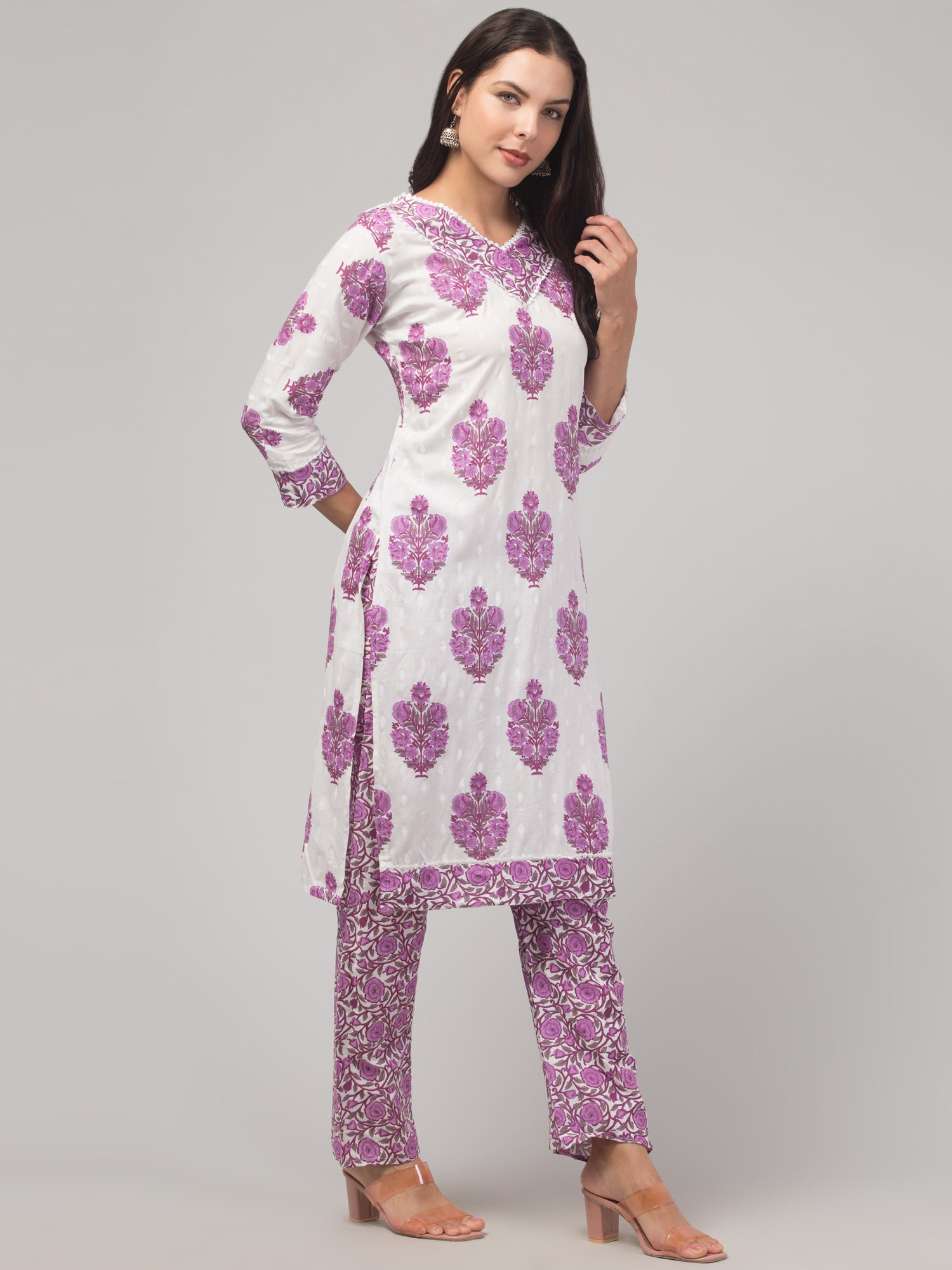 Malana Merino Girl / Women's Cotton  Floral Print White and Violet V - Neck 3 Pc  Kurta Set