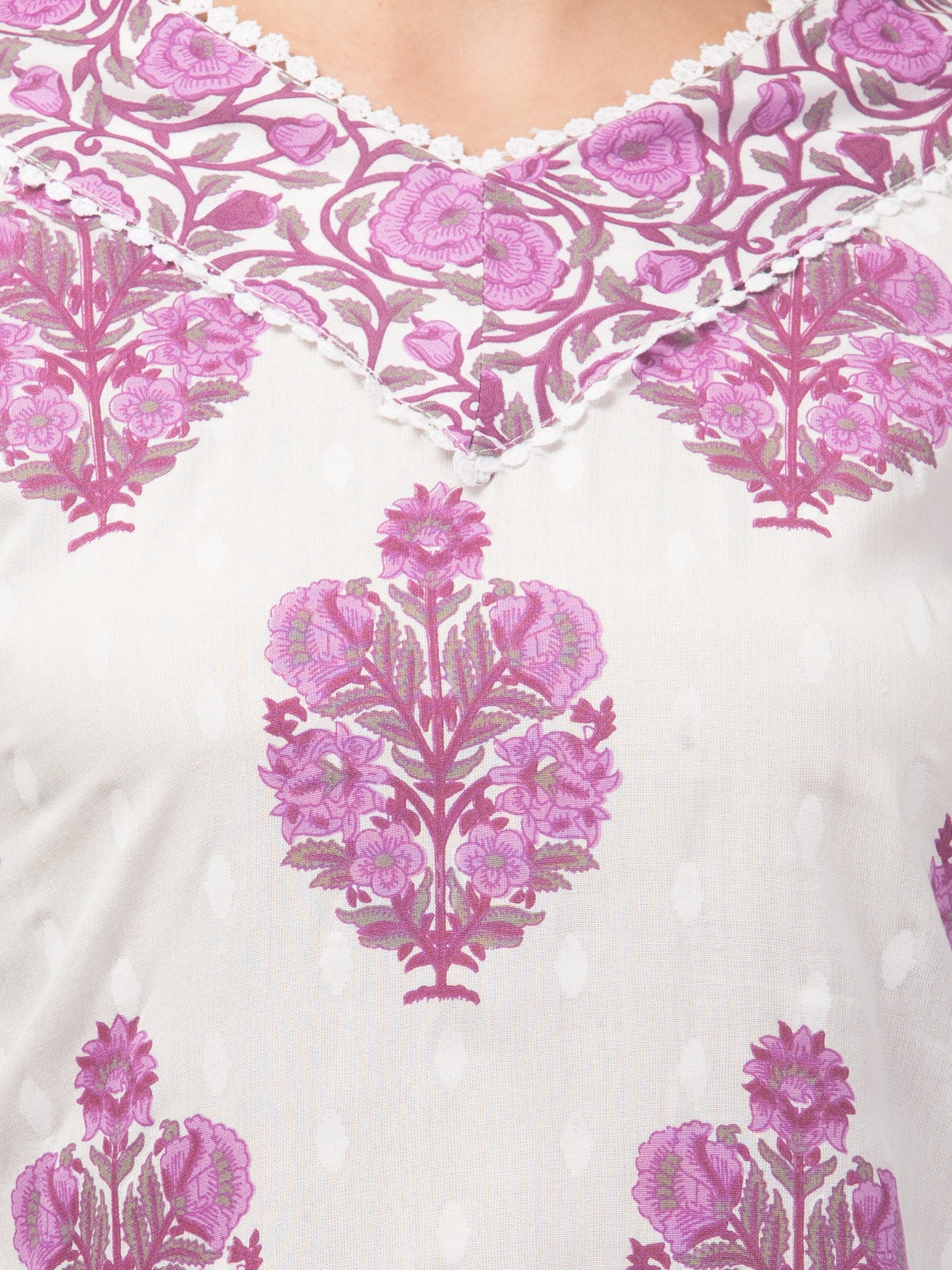 Malana Merino Girl / Women's Cotton  Floral Print White and Violet V - Neck 3 Pc  Kurta Set
