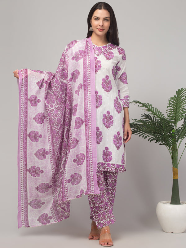 Malana Merino Girl / Women's Cotton  Floral Print White and Violet V - Neck 3 Pc  Kurta Set