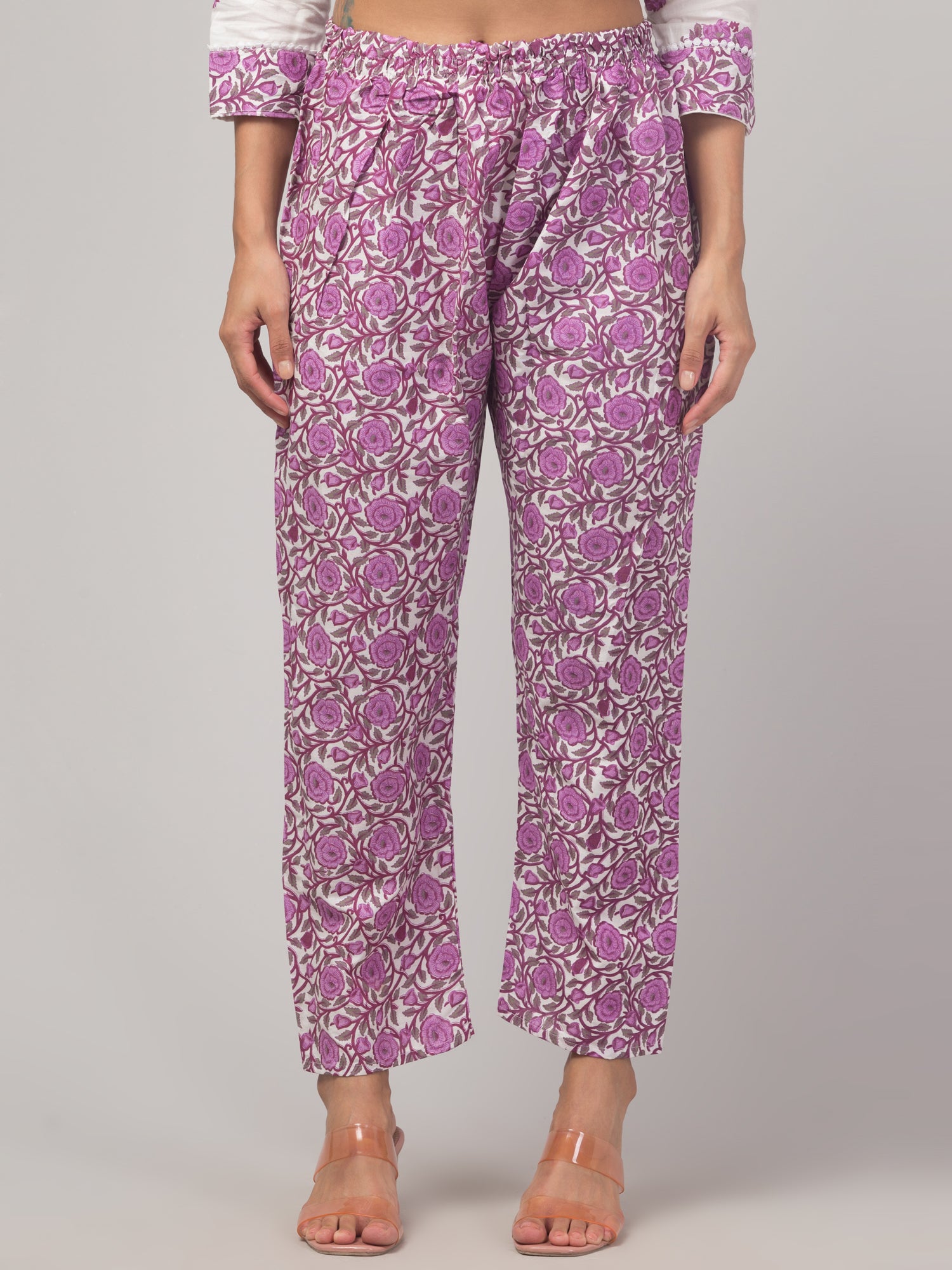 Malana Merino Girl / Women's Cotton  Floral Print White and Violet V - Neck 3 Pc  Kurta Set