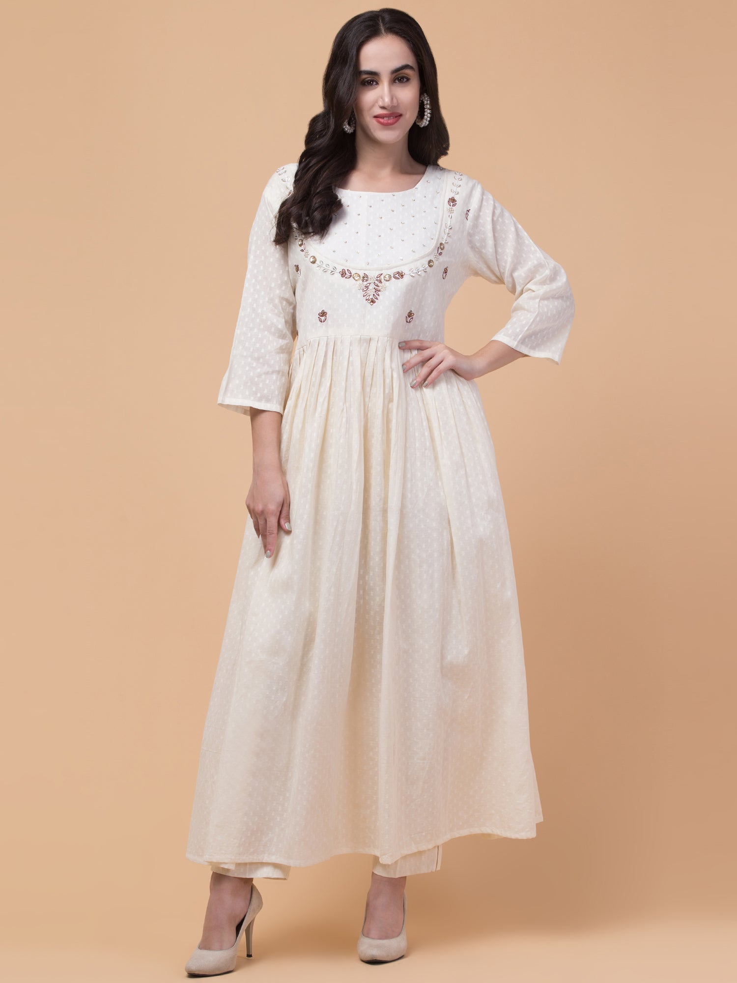 Malana Merino Wome's Flared Off White Salwar Suit with Dupatta